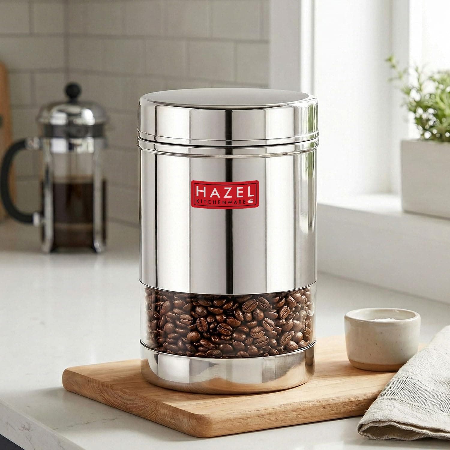 HAZEL Stainless Steel Smart Jar Container For Kitchen Storage Glossy Finish Transparent Airtight See Through Storage Jar, Silver, Glossy Finish