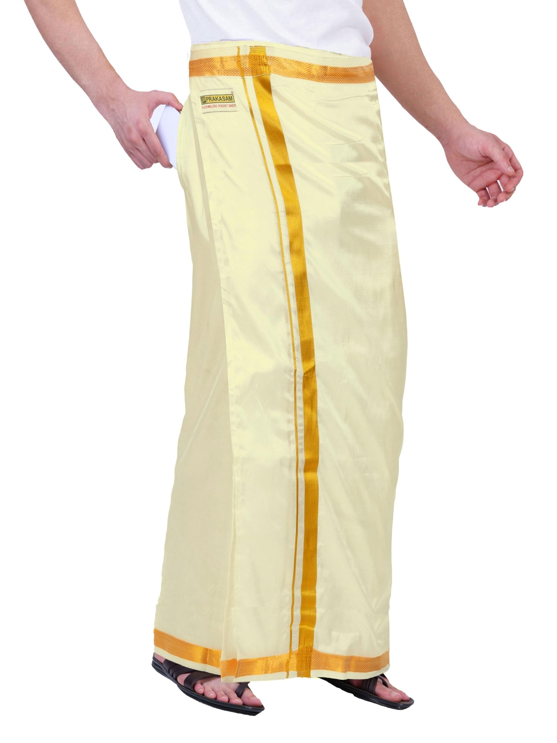 PRAKASAM COTTON Double Layer 8 Mulam Velcro Pocket Dhoti for men | Mundu with Golden Jari Border, Readymade Dhoti for men, Silk Look, South Indian Veshti