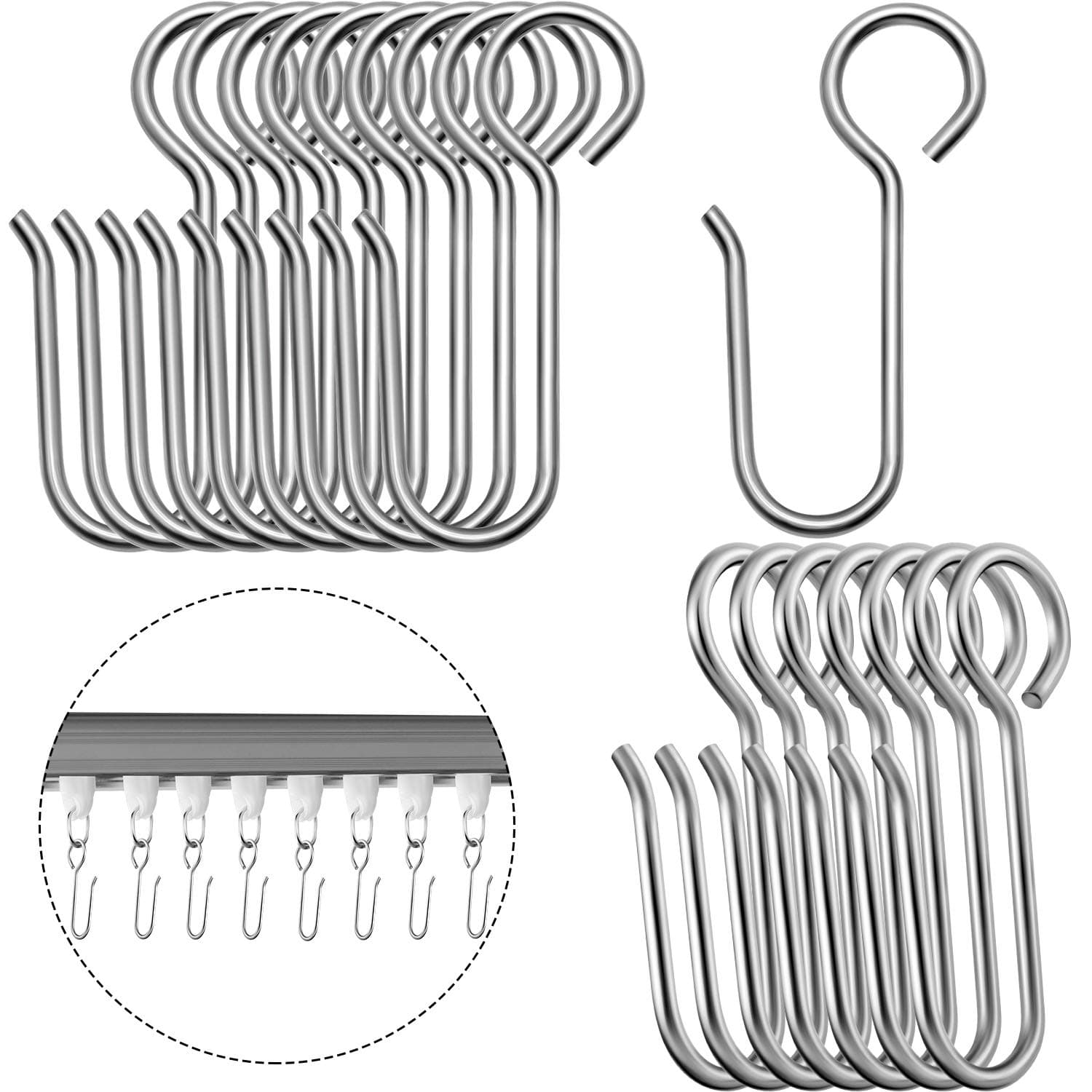 Jetec 120 Pieces Stainless Steel S Hooks Curtain Track Hooks Drapes Curtain Wire Hooks for Ceiling Track