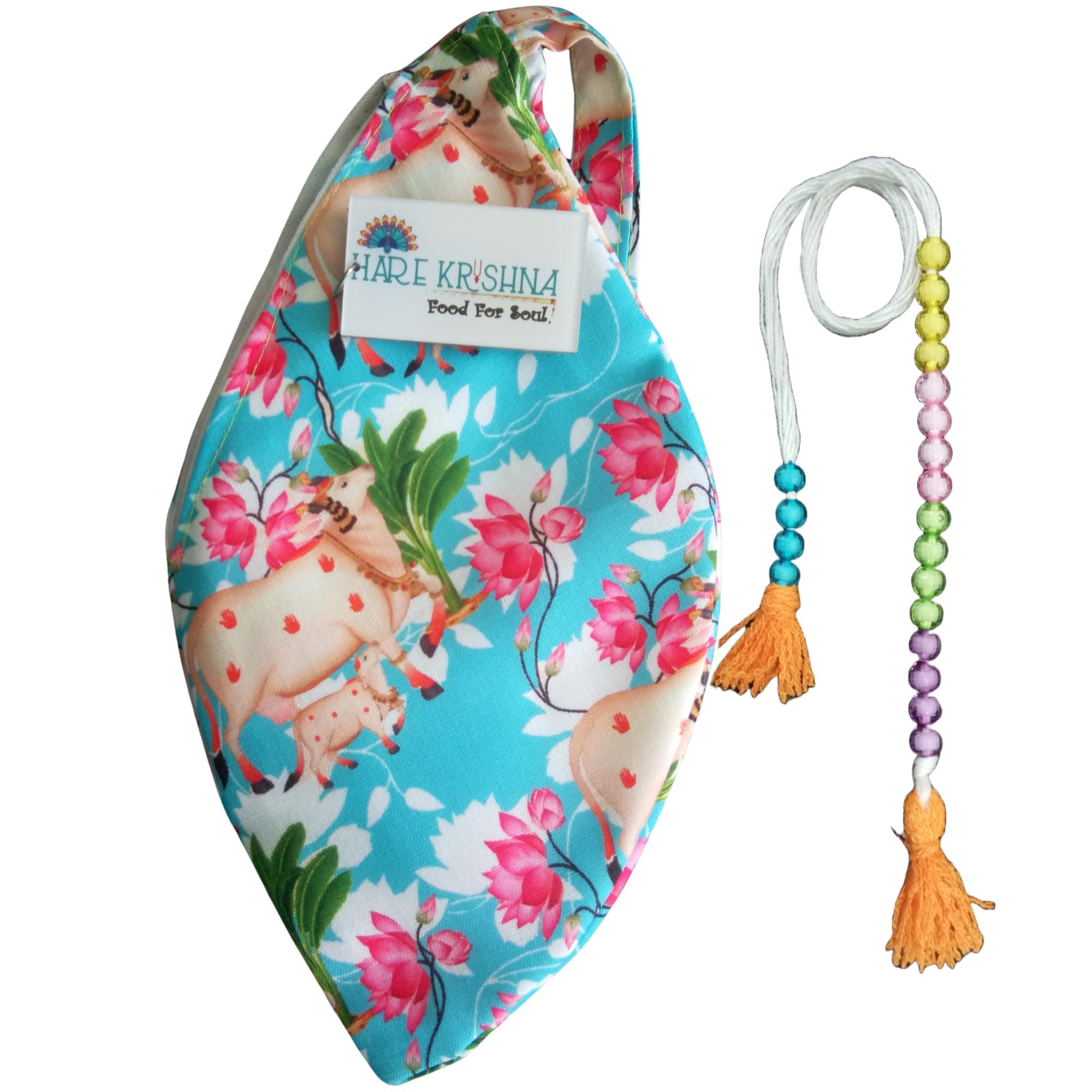 Hare Krishna Food For Soul Cow Calf Printed Blue Bead Bag for Chanting with Zipper Pocket, Sakshi Mala & Keychain, Japa Mala Bag-Tulsi Mala Bag-Cotton Jaap Mala Bag-Jap Mala Bag-Japa Bag (Combo)