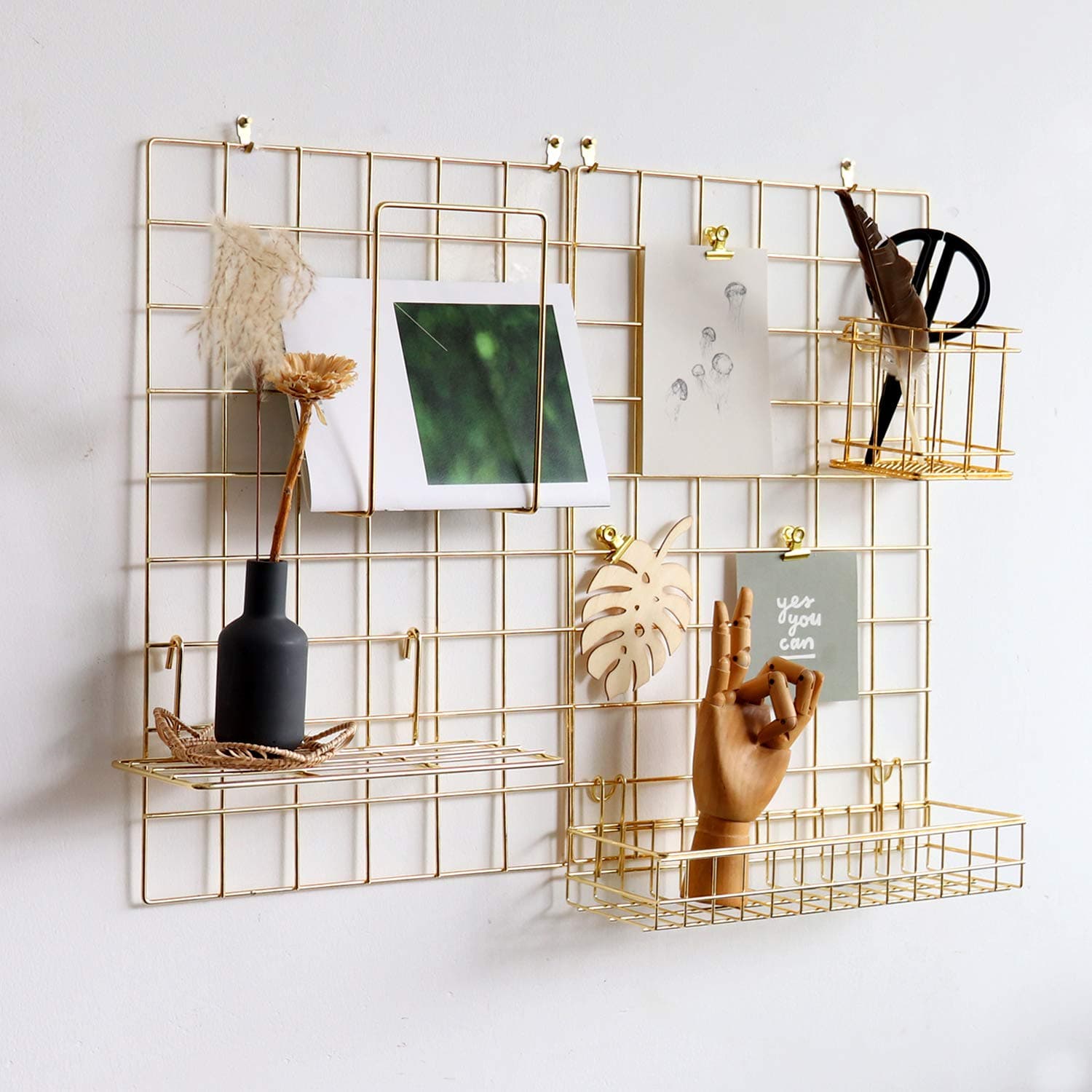 FRIADE Wall Grid Panel for Photo Display,Wall Storage Organizer,5 Metal Clips & 3 S Hooks & 4 Nails & 4 Plastic Hanging Buckles and 4 Screws Offered,Size 17.5" x 11.8"，2 Pack(Gold)