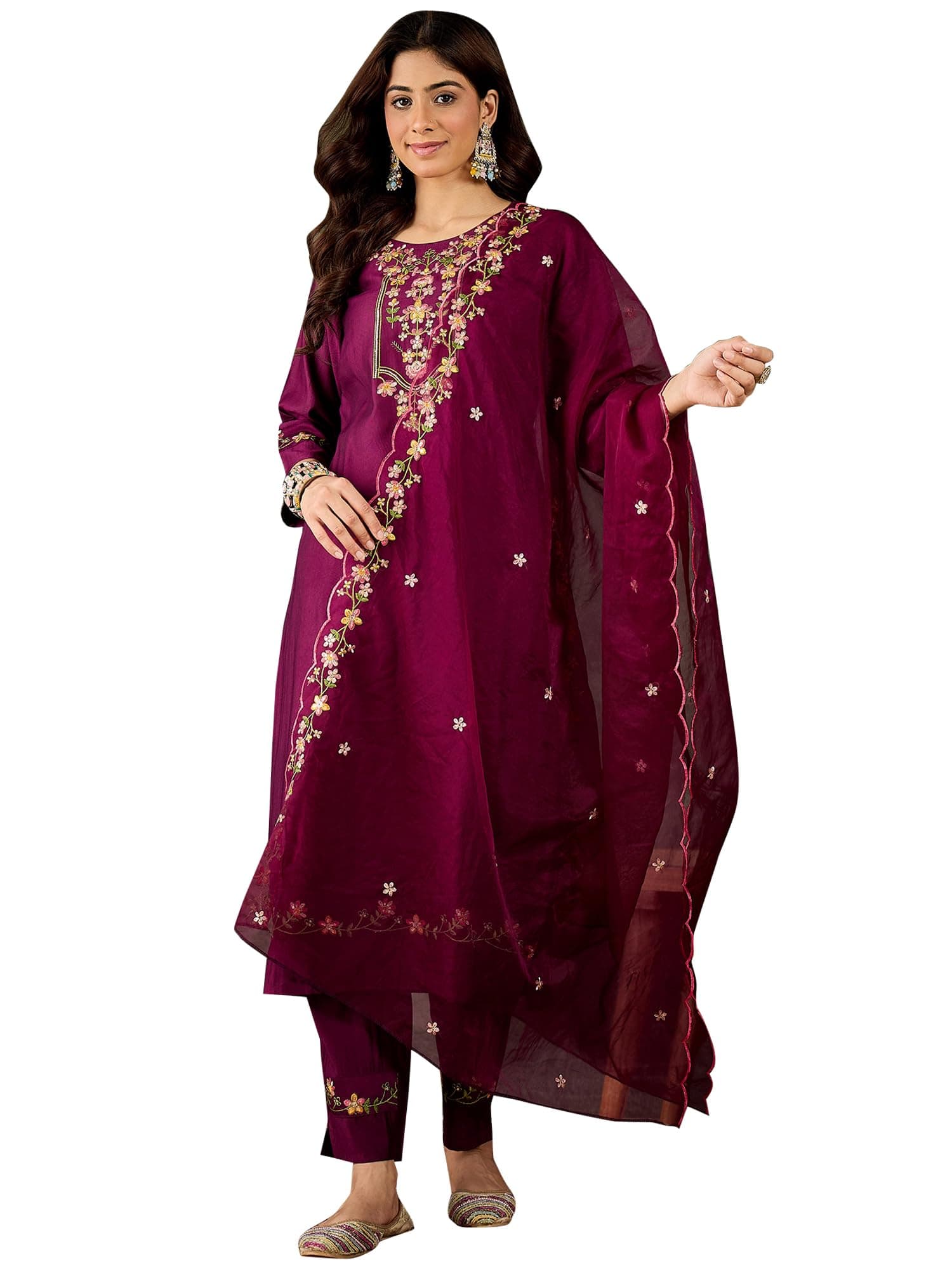 VredeVogel Women's Viscose Rayon Ethnic Wear Embroidered Kurta Pant Set with Organza Dupatta | Festive & Casual Summer Kurti with Pants for Party Office & Ethnic Occasions