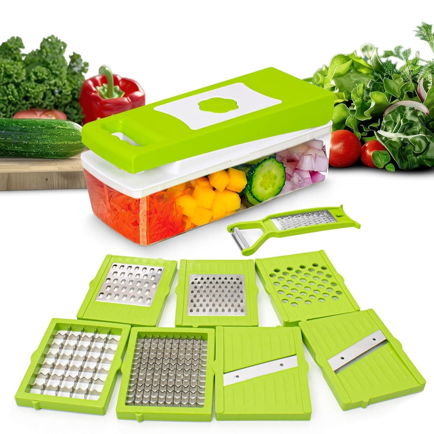 Tekcool 15 in 1 Multipurpose Chopper, Fruits & Vegetable Cutters, Grater Peeler Chipser, Unbreakable Food Grade Body, Easy Push to Clean Button Slicer Dicer, Chopper for Kitchen
