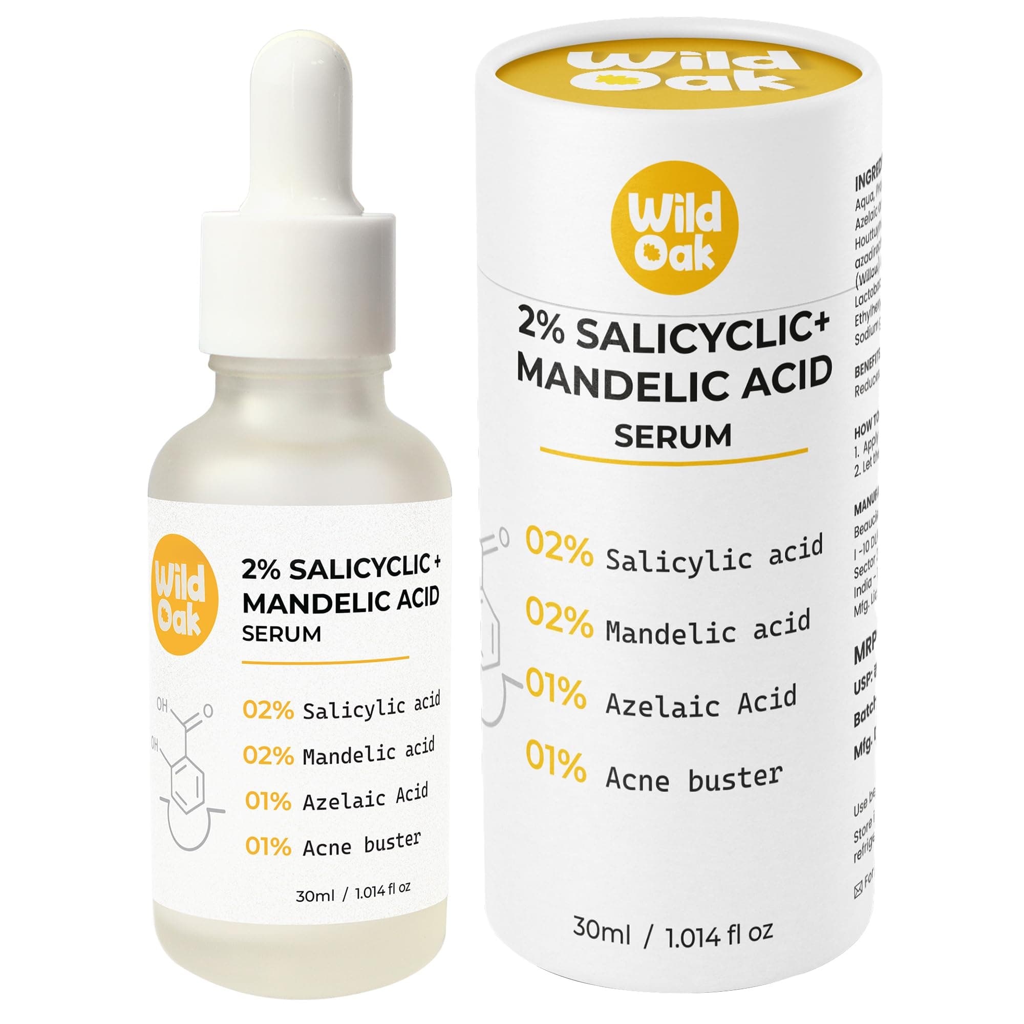 WildOak 2% Salicylic Acid + Mandelic Acid Face Serum | Acne Killer, Blackheads & Excess Oil | Gentle & Great for Sensitive Skin | Pore Cleansing & Skin Exfoliation | For Men & Women | 30ml