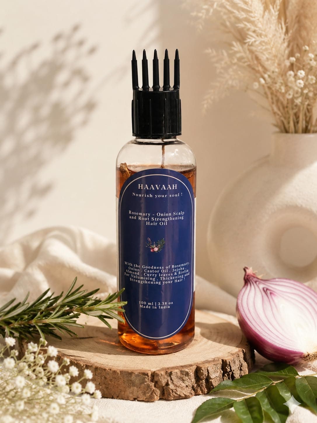 HAAVAAH 28 Teeth Natural Wood Hair and Scalp Massager Comb,Stress Relief & Detox Shampoo Brush,Wet and Dry Application for Reducing Dandruff and Stimulates Hair Growth - Onion & Rosemary HairOil Combo