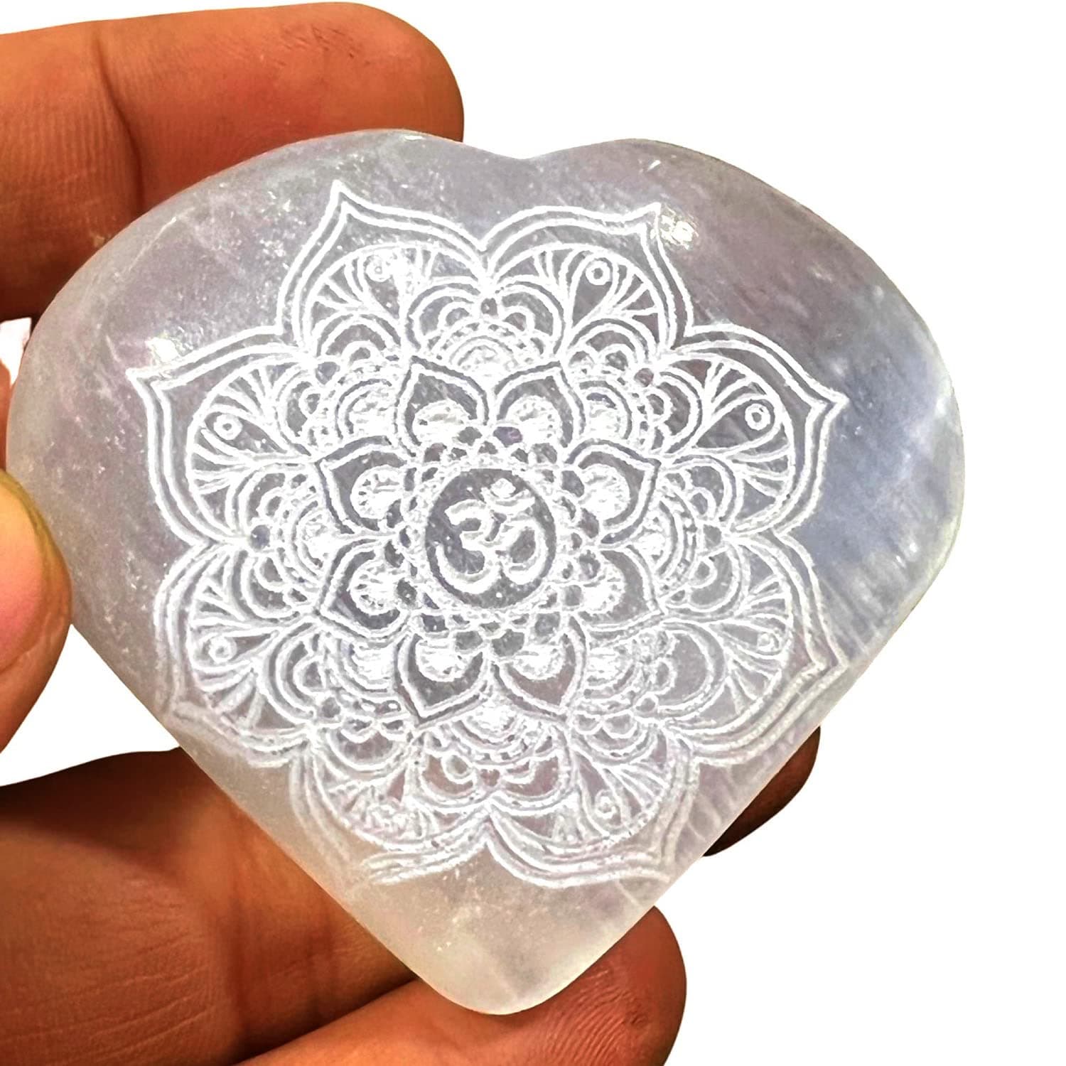 The DREAM'S Crystal Product High Energy Selenite Charging Heart Engraved Ohm Symbol l Selenite Crystal Stone Charging Heart for Reiki Healing and Fengshui Crystal