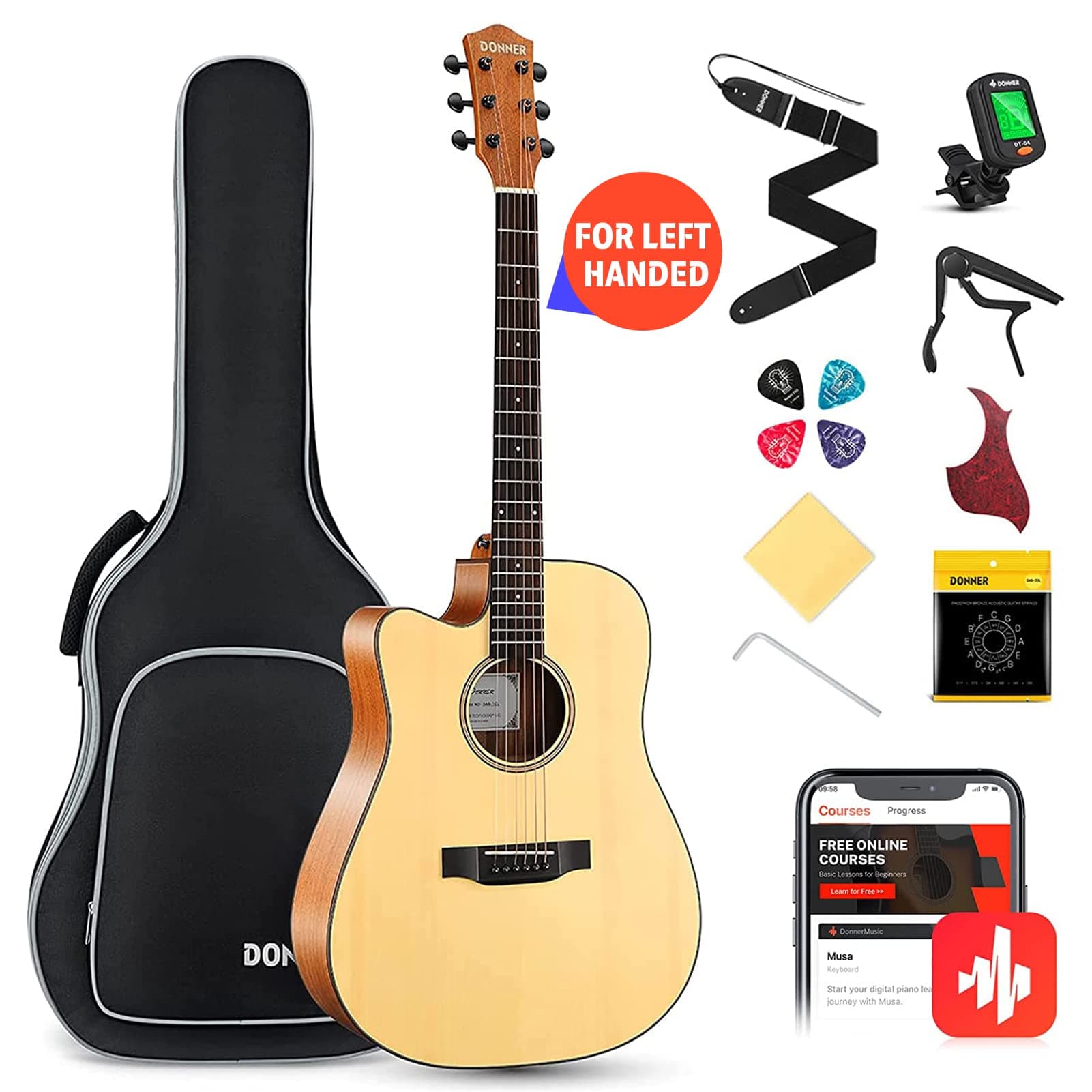 Donner Left Handed Acoustic Guitar Cutaway DAG-1CL 41 inch Full-size Beginner Guitar Package with Big Bag Tuner String Strap Capo