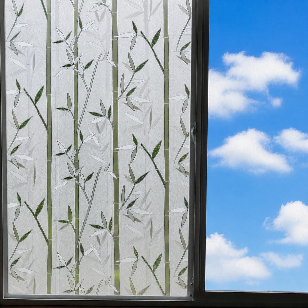CVANU Bamboo Frosted Privacy Window Film, Self Adhesive Waterproof Vinyl Sticker for Glass Doors, Windows, Bathroom & Office Use (24 x 12 Inch)