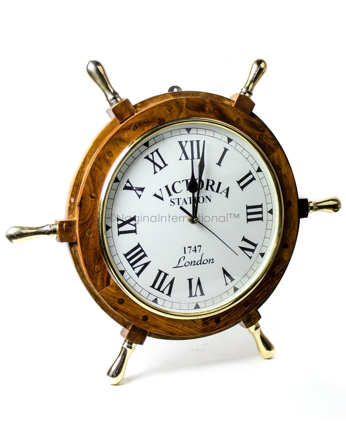 Nagina International 18" Elegant Handcrafted Nautical Ship Wheel Roman Dial Time's Wall Clock with Polished Solid Brass Handles | Ship's Steering Wheel Decor Clock | Maritime Gifts