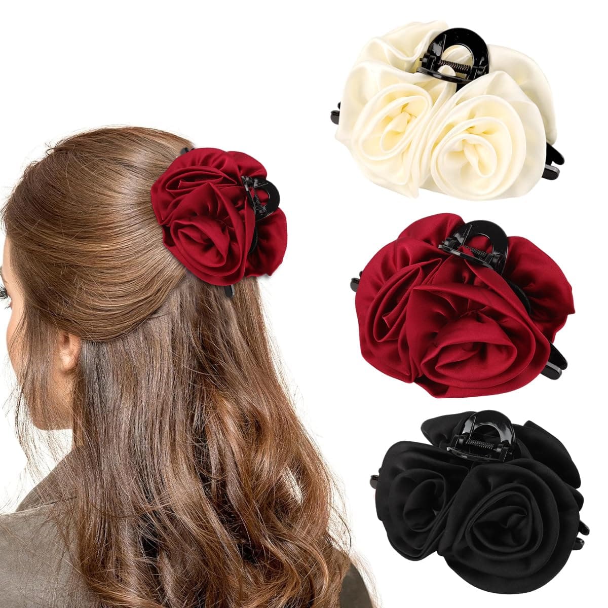 MAYCREATE® 3Pcs Hair Clips for Woman Flower Claw Clip Rose Clutchers Decorative Floral Hair Accessories for Woman Girls Half-Up Styles, Half Updos