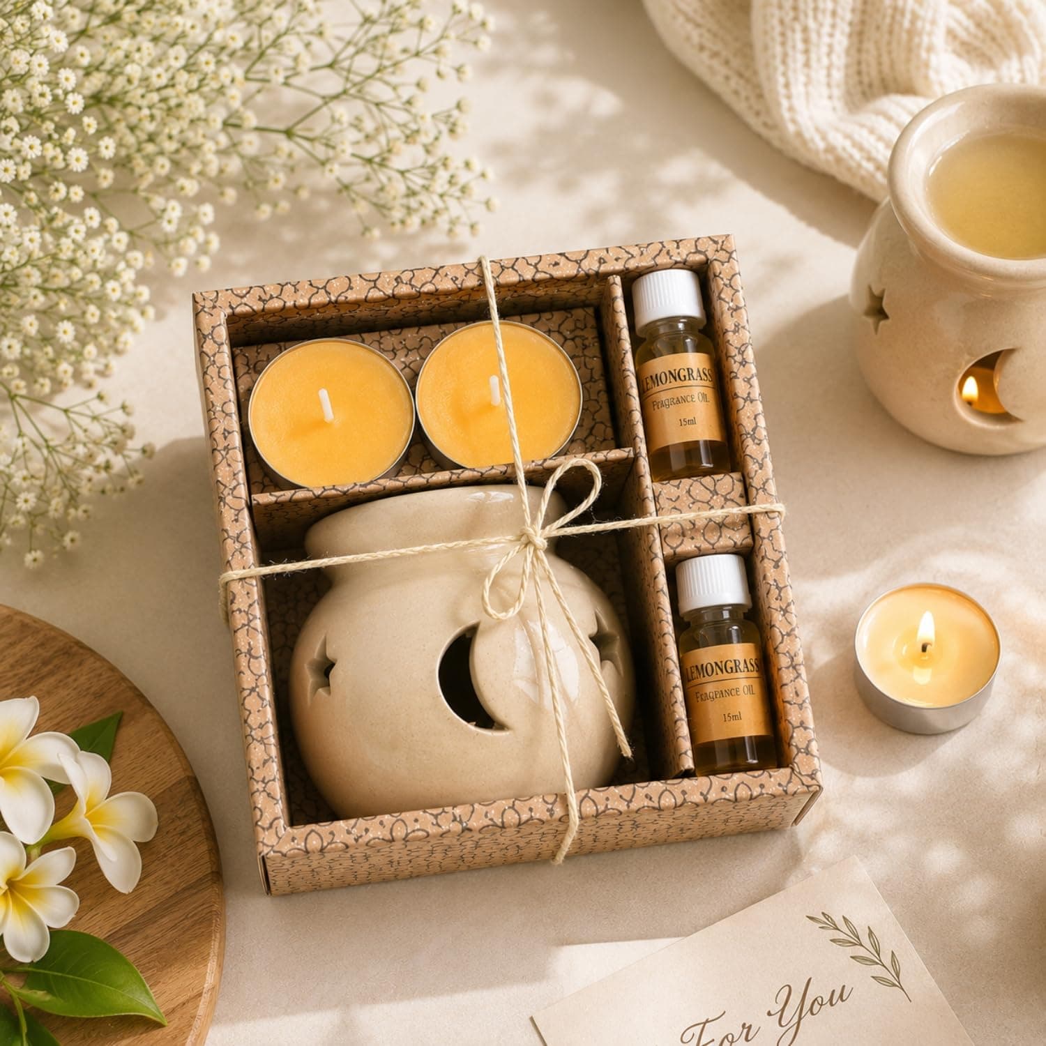 AuraDecor Fragrance Heat Diffuser Gift Set with Tealight Candles | Aroma Oil Burner Set | Scented Oil | for Home Decor & Aromatherapy Candles (Lemon Grass) (GS_02)
