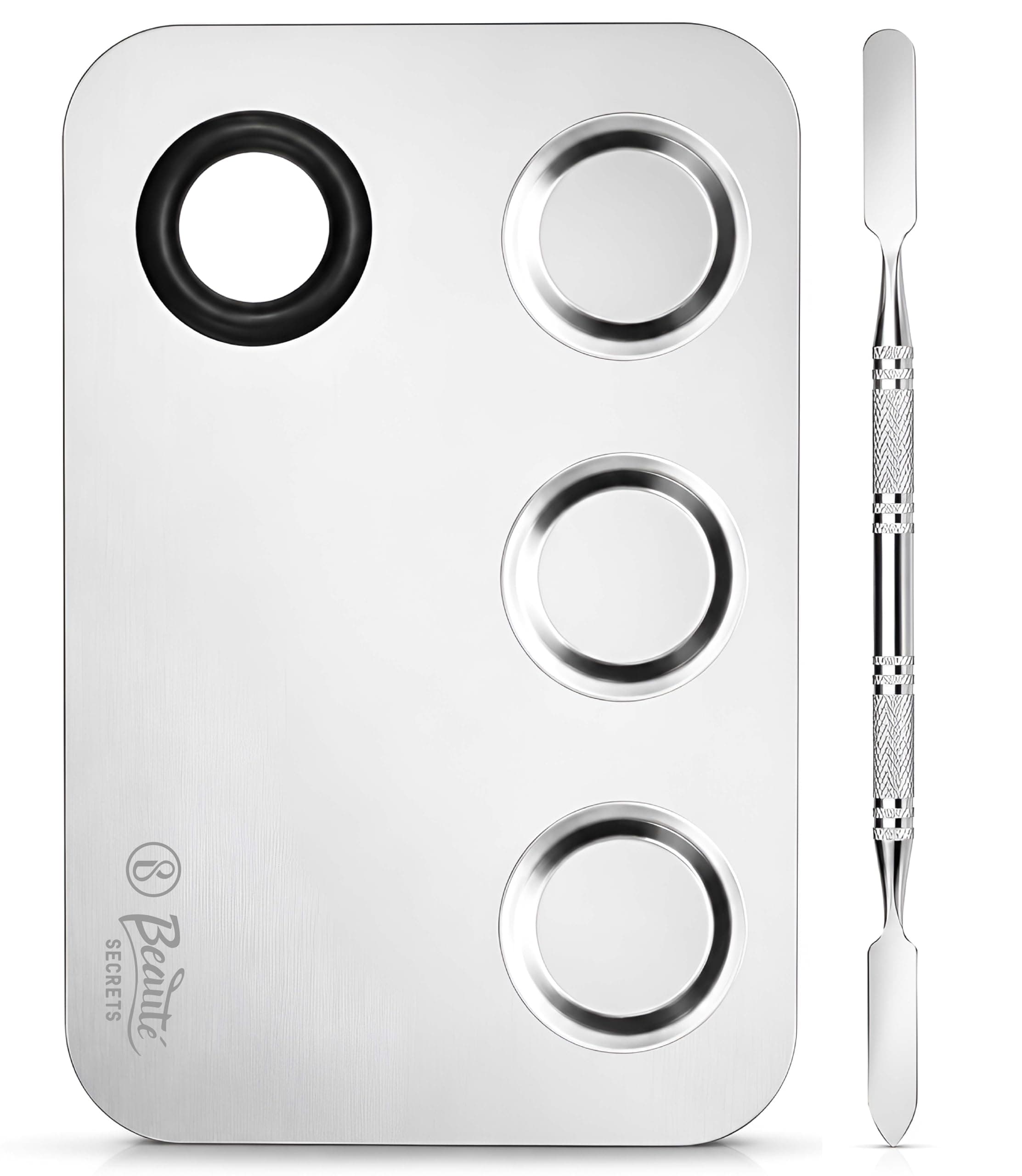 Beauté Secrets Cosmetic Makeup Palette, Premium Stainless Steel Metal Rectangle Makeup Mixing Palette with Spatula Artist Tool for Mixing Foundation/Eye Shadow/Eyelash/Lipsticks/Nail Art, Silver