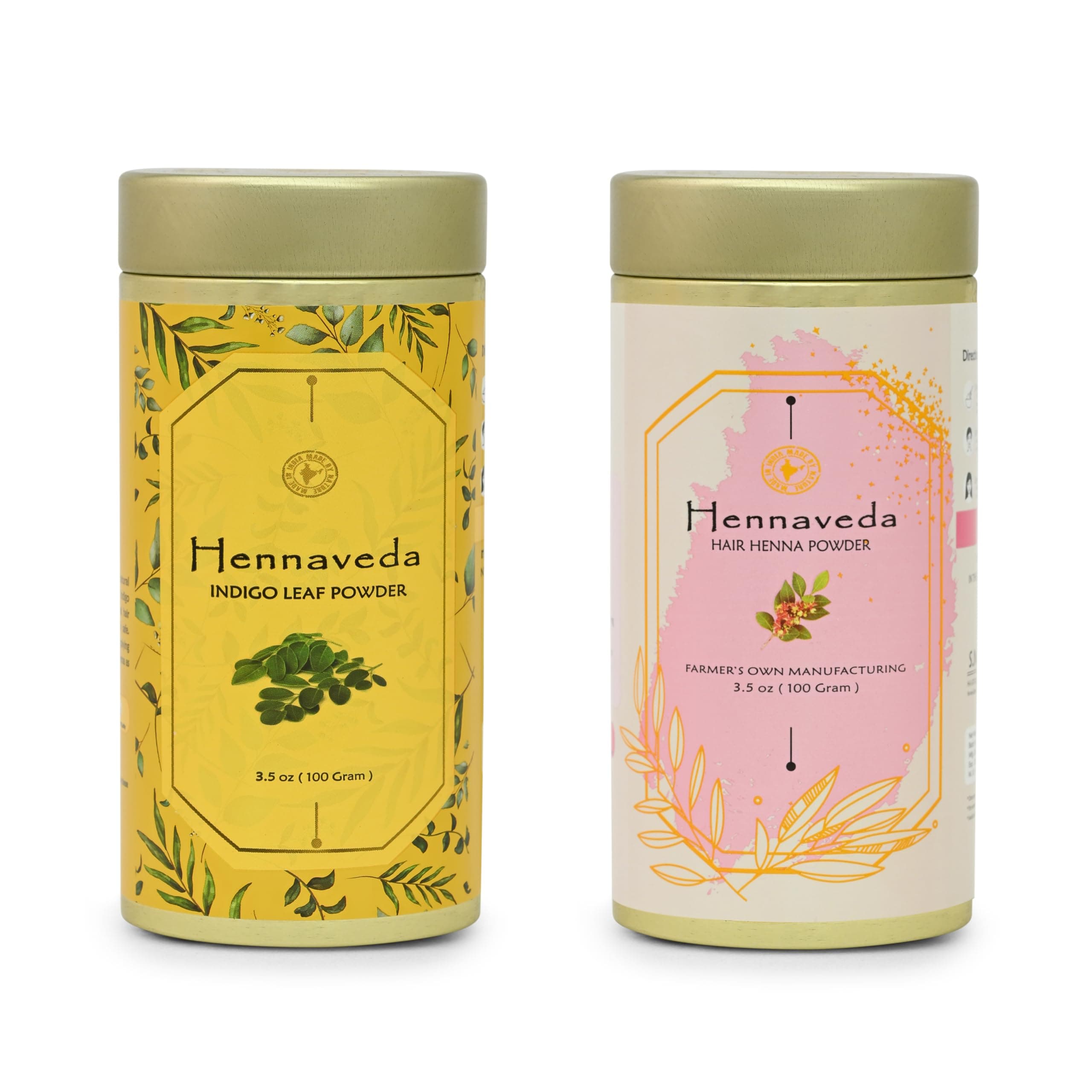 Hennaveda Henna and Indigo Powder with Brush, Hand Gloves and Shower Cap | Unisex Ayurvedic Hair Colour Powder | Chemical Free with Geographical Indication (GI) Tag Sojat Mehndi (Pack of 2, 100g each)