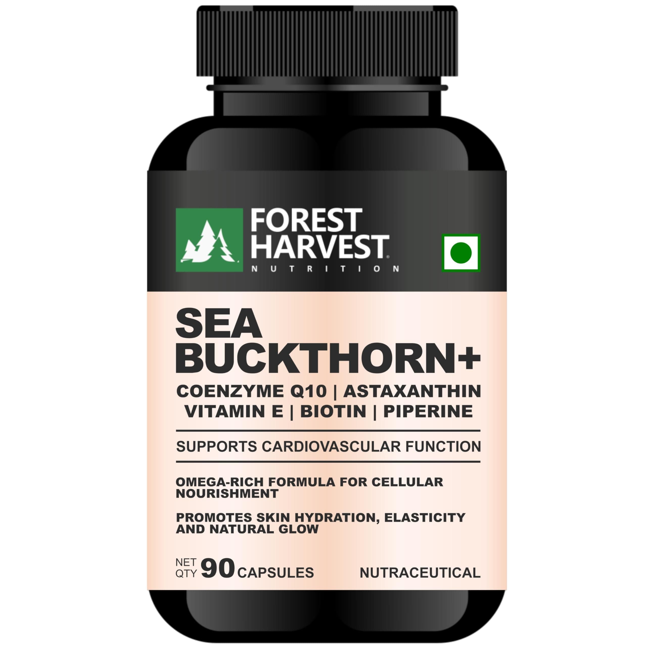 Forest Harvest Sea Buckthorn 10X Extract with CoQ10, Astaxanthin, Grape Seed, Vitamin E, C, Biotin & Piperine | 90 Capsules | Antioxidant, Skin, Hair & Immune Support | WHO-GMP, ISO, HACCP Certified