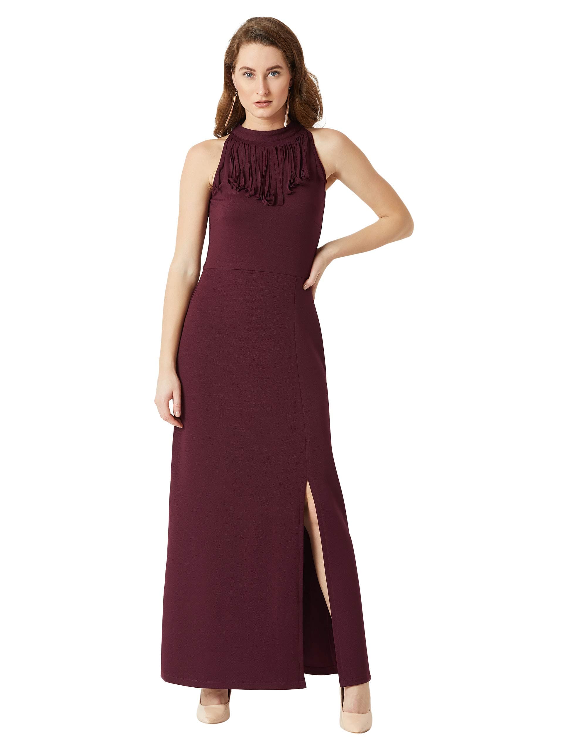 Miss Chase Women's Designer Wine Red Fringed Halter Neck Sleeveless Solid Maxi Front Slit Dress