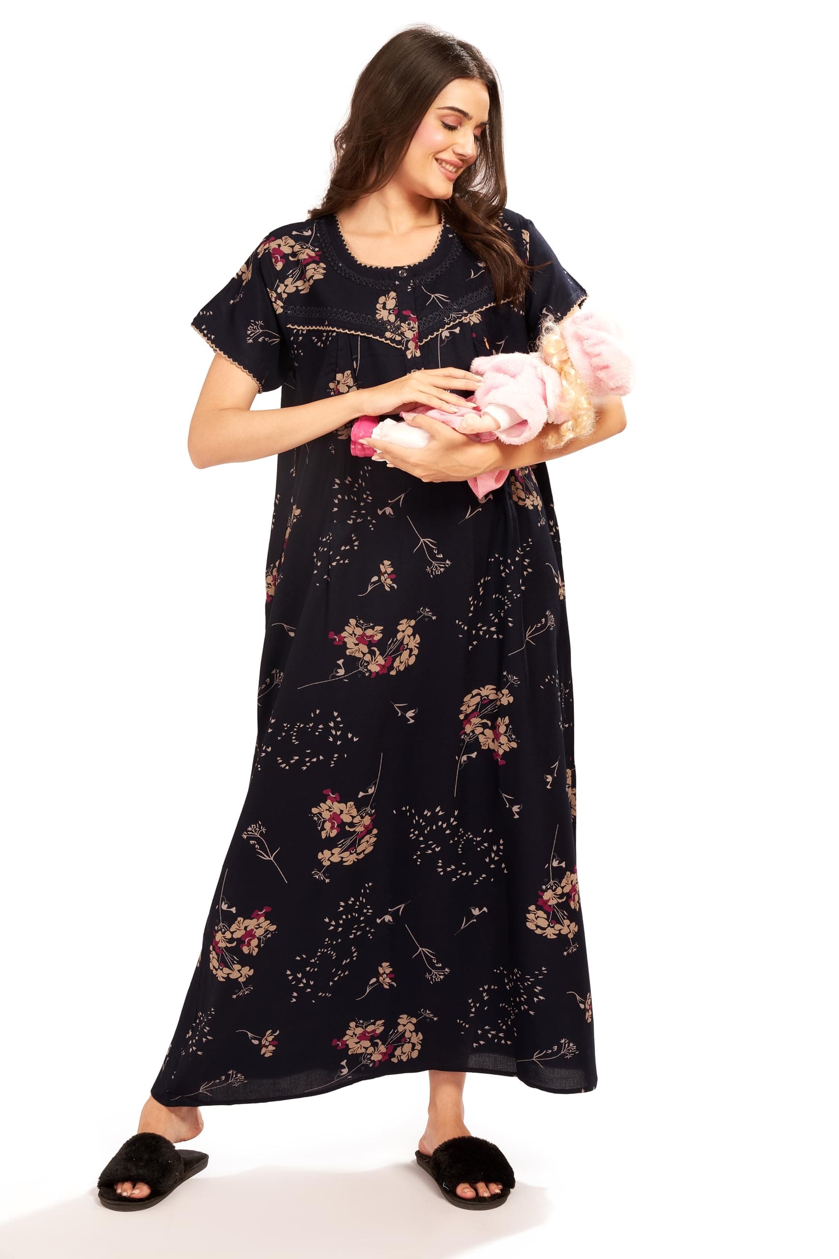 AV2 Women Printed Maternity Feeding Nighty Black XX-Large 7287