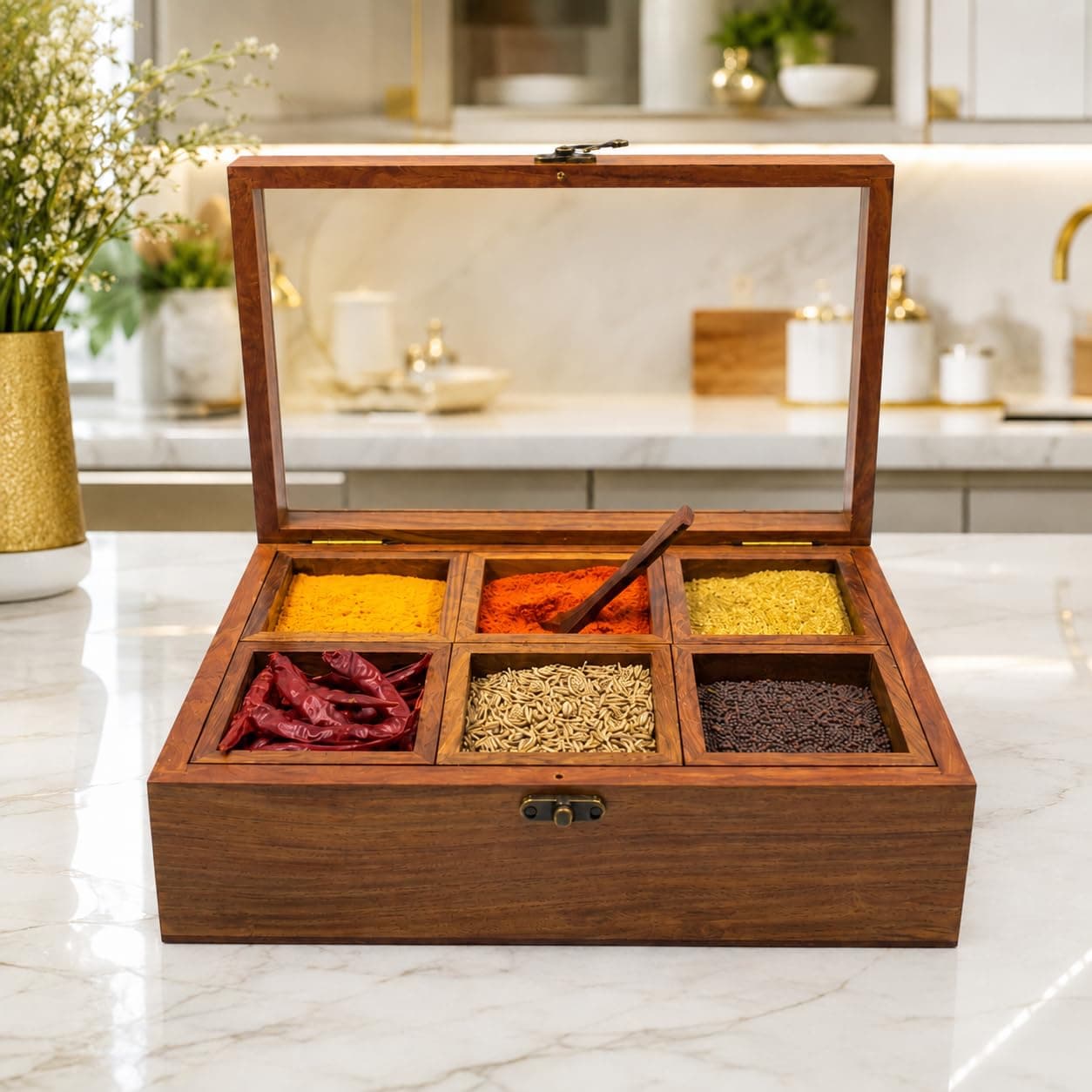 TOM Taste of Maa™, Spices filled in a Sheesham Wood Spice-Fit Box- XL SIze, with spoon 250 ml Each Compartment - (6 Detachable Box)