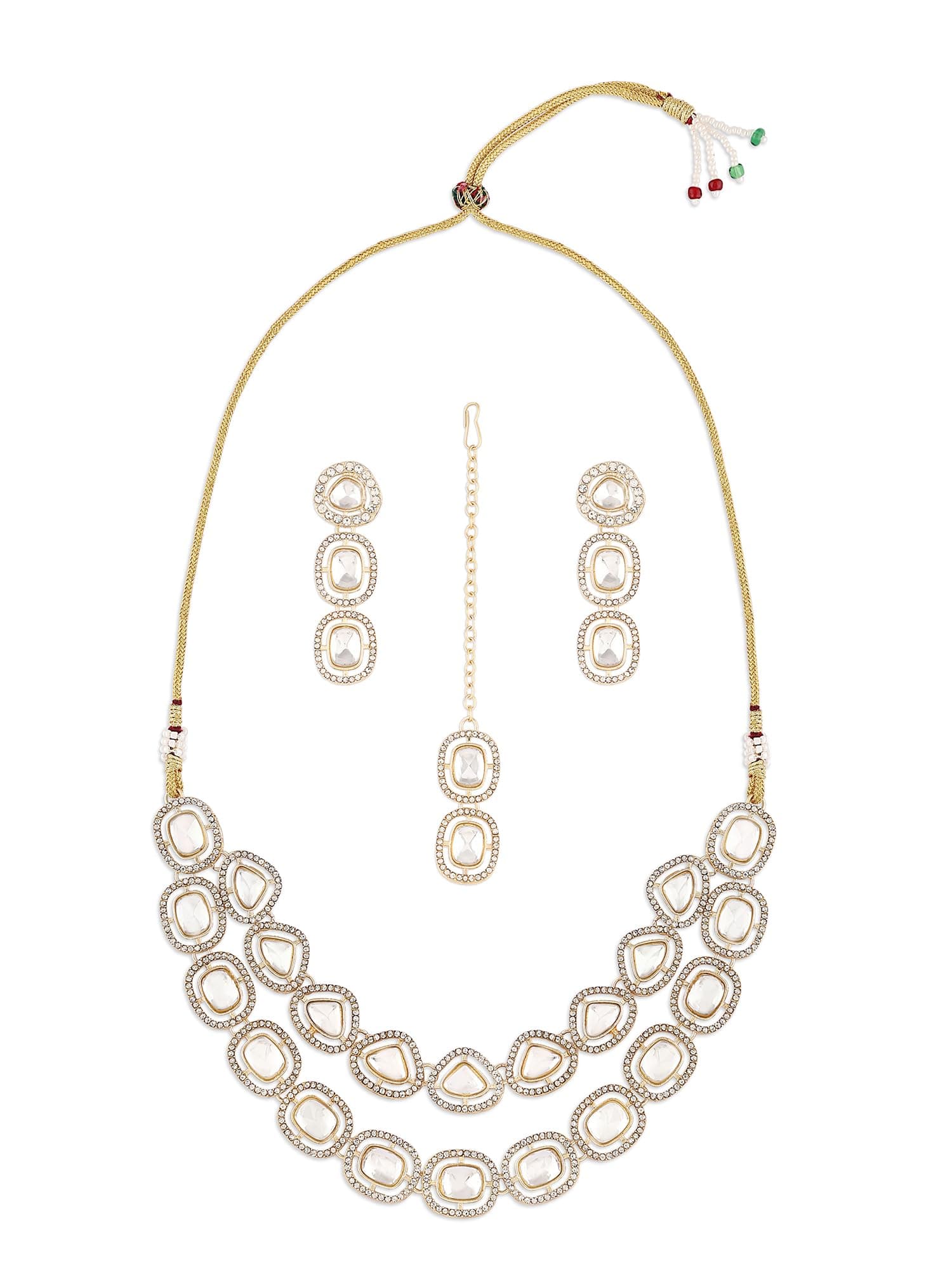 ZAVERI PEARLS Gold Tone Double Layered Dazzling Austrian Diamonds & Artificial Stones Bridal Necklace Earring & Maangtikka Set For Women-ZPFK17101