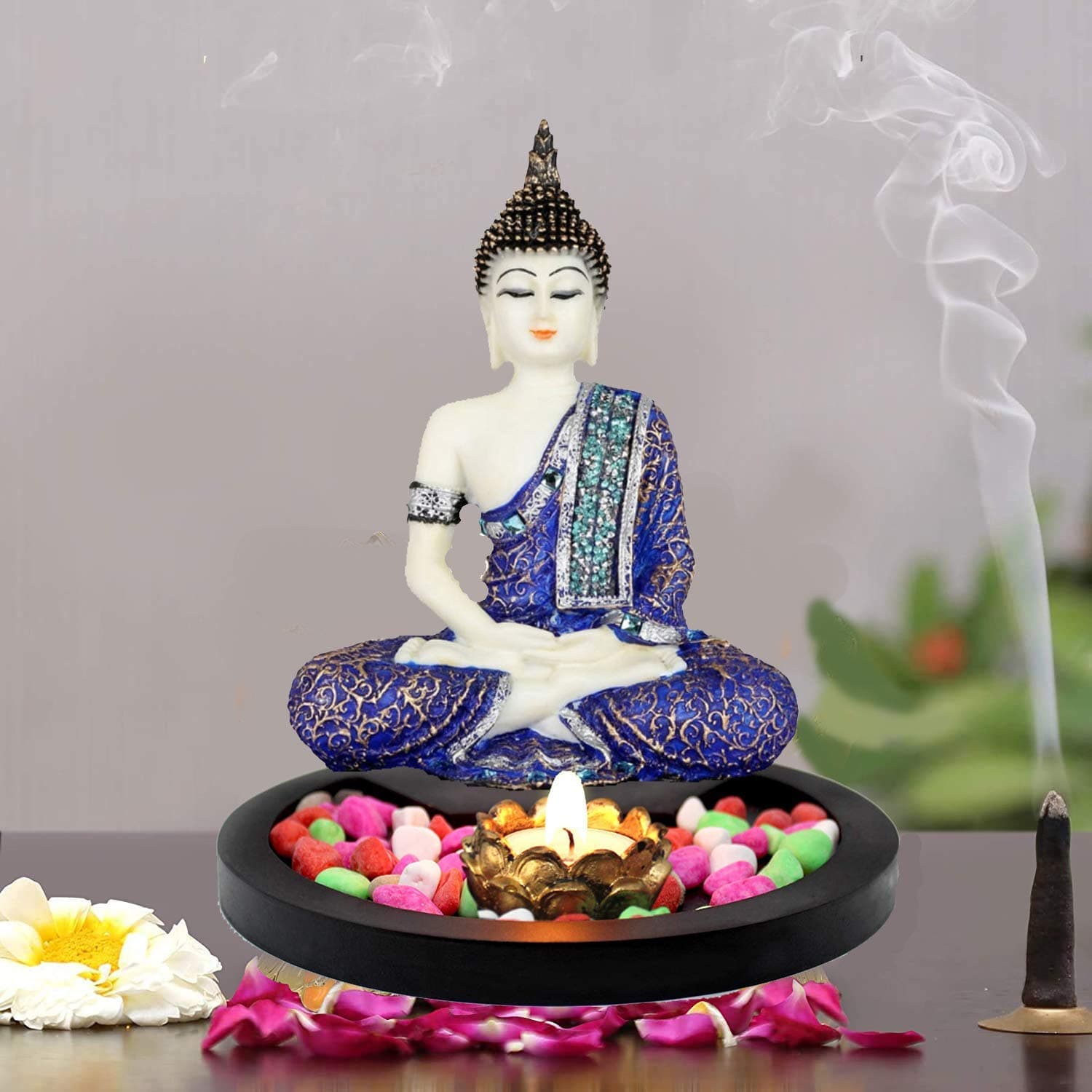 SN Handicrafts Sitting Buddha Idol Statue Showpiece Buddha Tealight Candle Holder with Tray Set for Home Wall Shelf Table Decoration(White & Blue)
