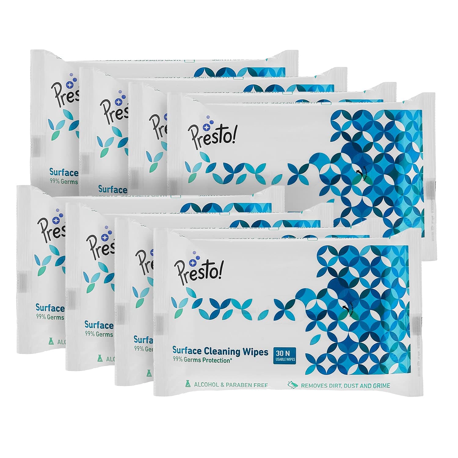 Amazon Brand - Presto! Surface Cleaning Wipes | 240 Count | 30 Count X 8 Pack | 99% Germ Protection | Highly Absorbent, Strong And Thick Wipes | Resealable