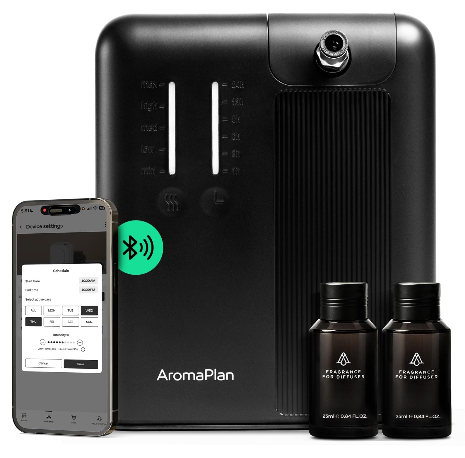 AromaPlan 2025 Waterless HVAC Scent Diffuser Whole House, Office (2 Fragrances Included) -Smart, Cold-Air Waterless Scent Air- App Control, Bluetooth Diffuser, 2000 Sq. Ft Coverage, Black