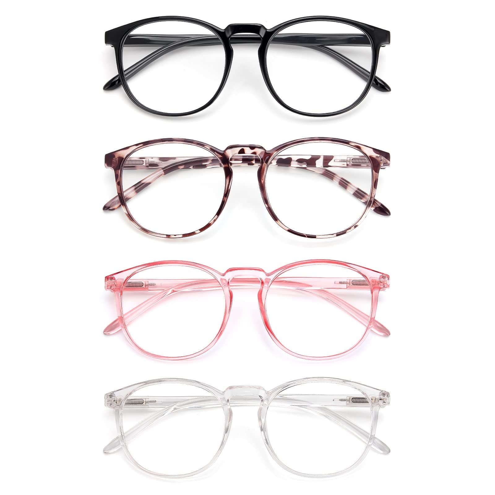 IBOANN 4 Pack Blue Light Blocking Glasses Women Men, Fashion Computer Gaming Eyeglasses, Anti UV Bluelight Round Frames (Light Black + Leopard + Transparent + Pink)