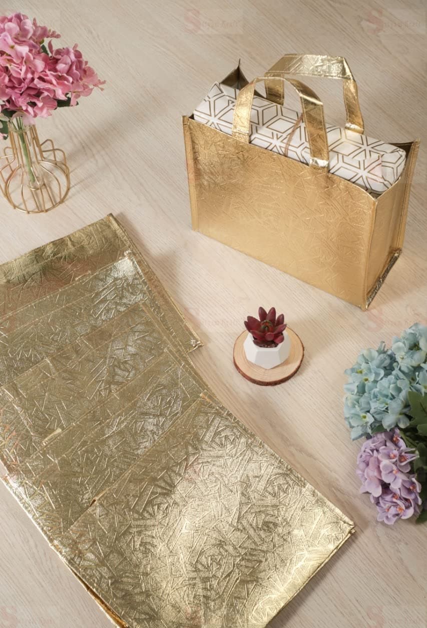 SATYAM KRAFT Set of 6 Glossy Metallic Laminated Non-Woven Paper Gift Bags | Reusable Medium Return Gift Bags for rakhi, rakshabndhan, Wedding, Party, Hampers, Gifting | 25 x 28 x 11 cm (Golden)