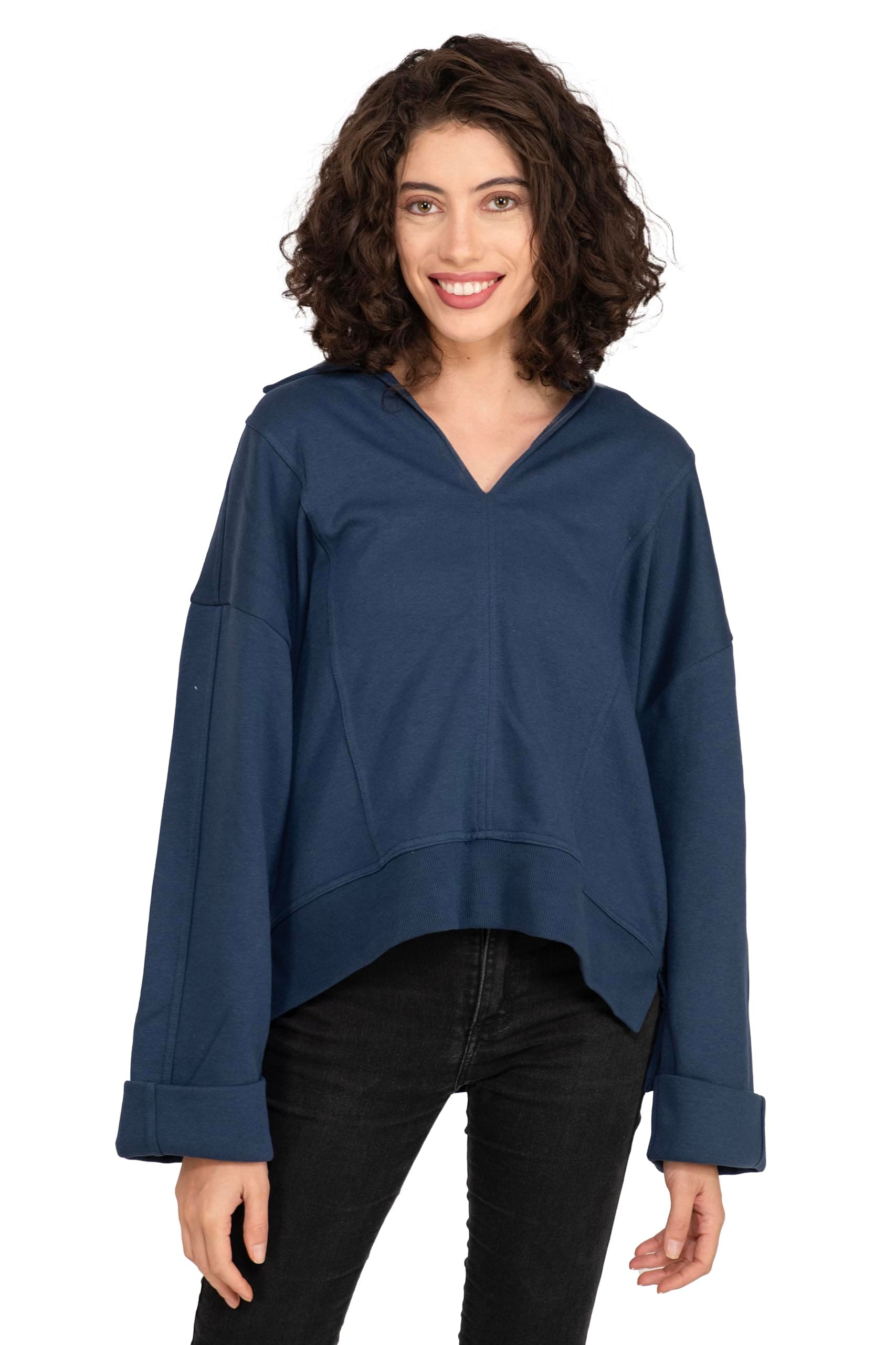 SELFYS Women's Cotton Polyester Fleece Sweatshirt, Full Sleeves Loose Fit Sweatshirts for Winters with V Neck Collar for Womens, Regular Fit Winter Wear Warm Top for Girls