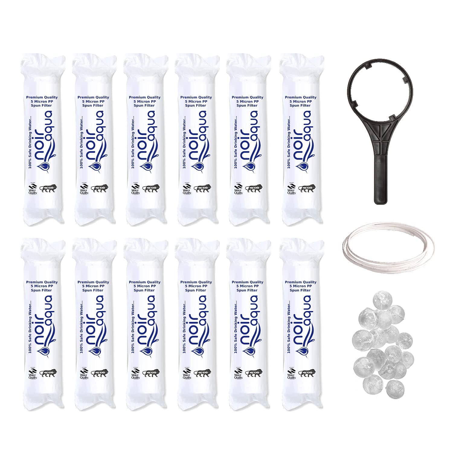 Noir Aqua - 12pcs PP Spun Filter + 1 Spanner + 4 Antiscalant Balls + 2mtr Water Pipe | for All Types of RO Water Purifiers (12 Piece, White, 10 Inch, 5 Micron) - RO Spun Filter Cartridge