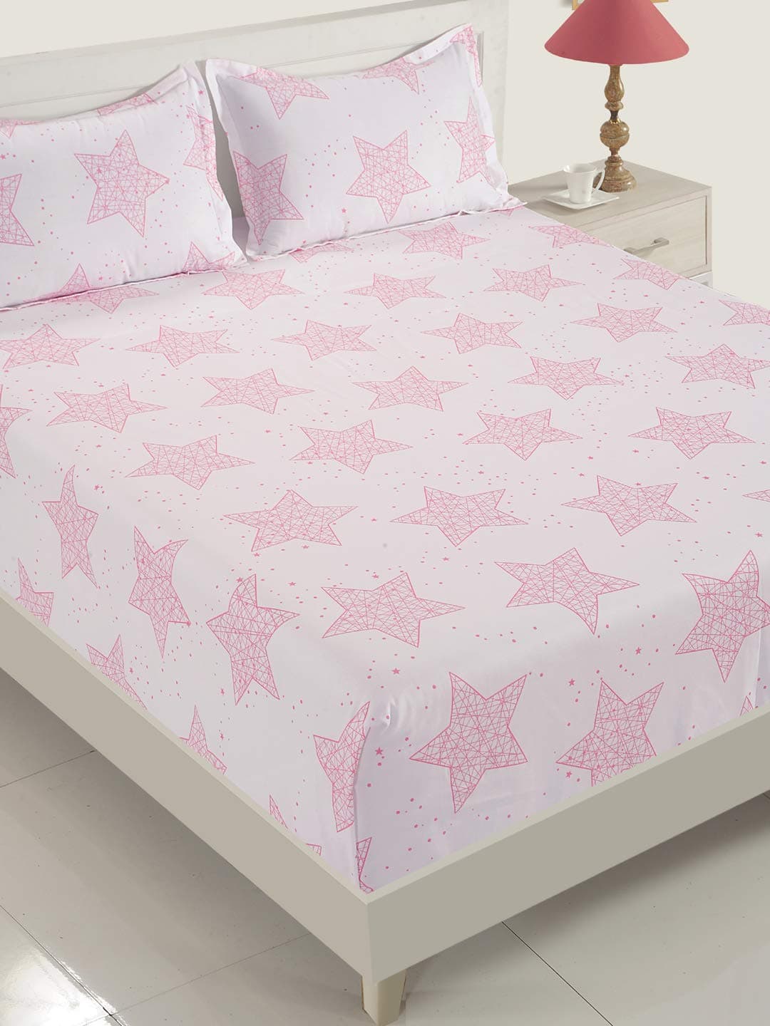 Swayam Ananda Collection Premium Cotton 200 TC Floral Print Cotton Double Bed Sheet with 2 Pillow Cover - WhitePink