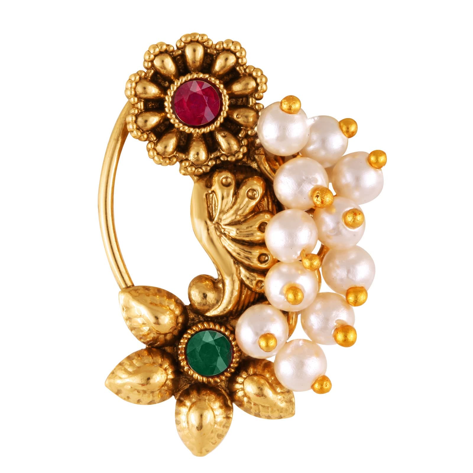 Vighnaharta Gold Plated with Pearl Alloy and Artificial stone Non Piercing Maharashtrian Nath for women (VFJ1182NTH-Press)