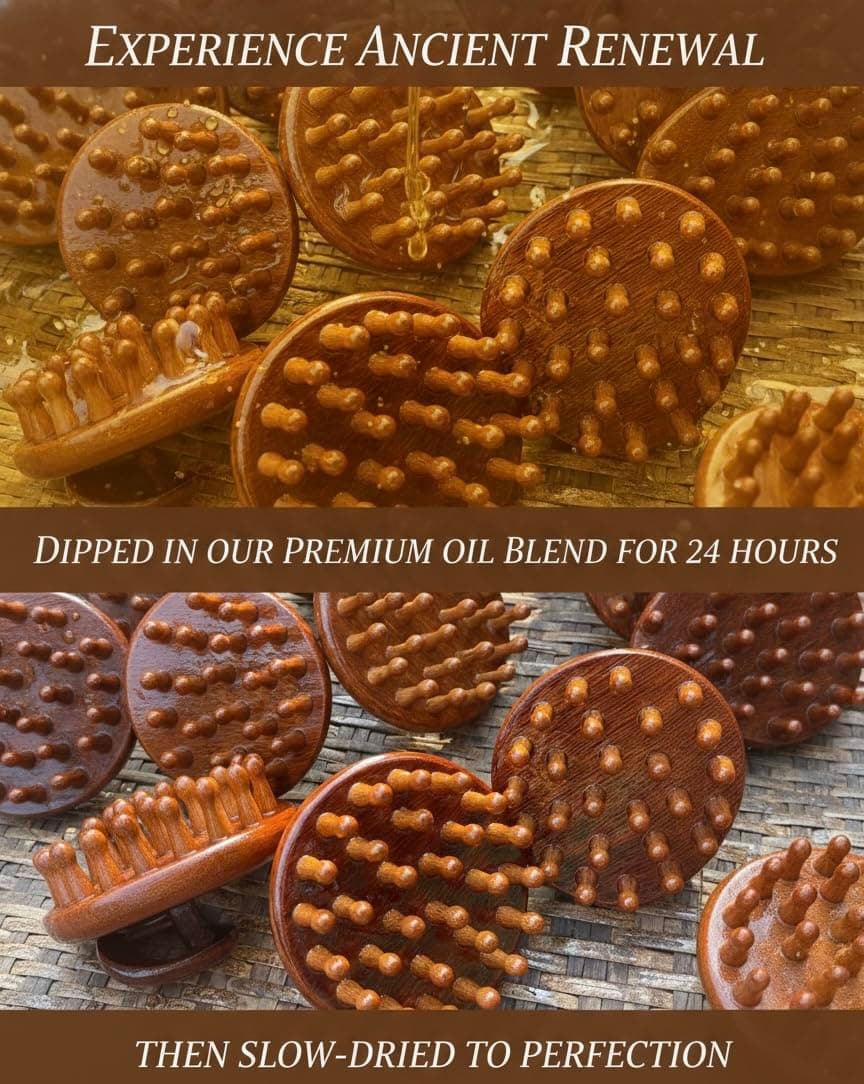 HAAVAAH 28 Teeth Oil Treated Natural Wooden Hair and Scalp Massager Comb - Herbal Oil Treated (Rosemary Neem Amla and other Oil),Stress Relief & Detox Shampoo Brush,Wet and Dry Application for Reducing Dandruff and Stimulates Hair Growth (1 Unit)