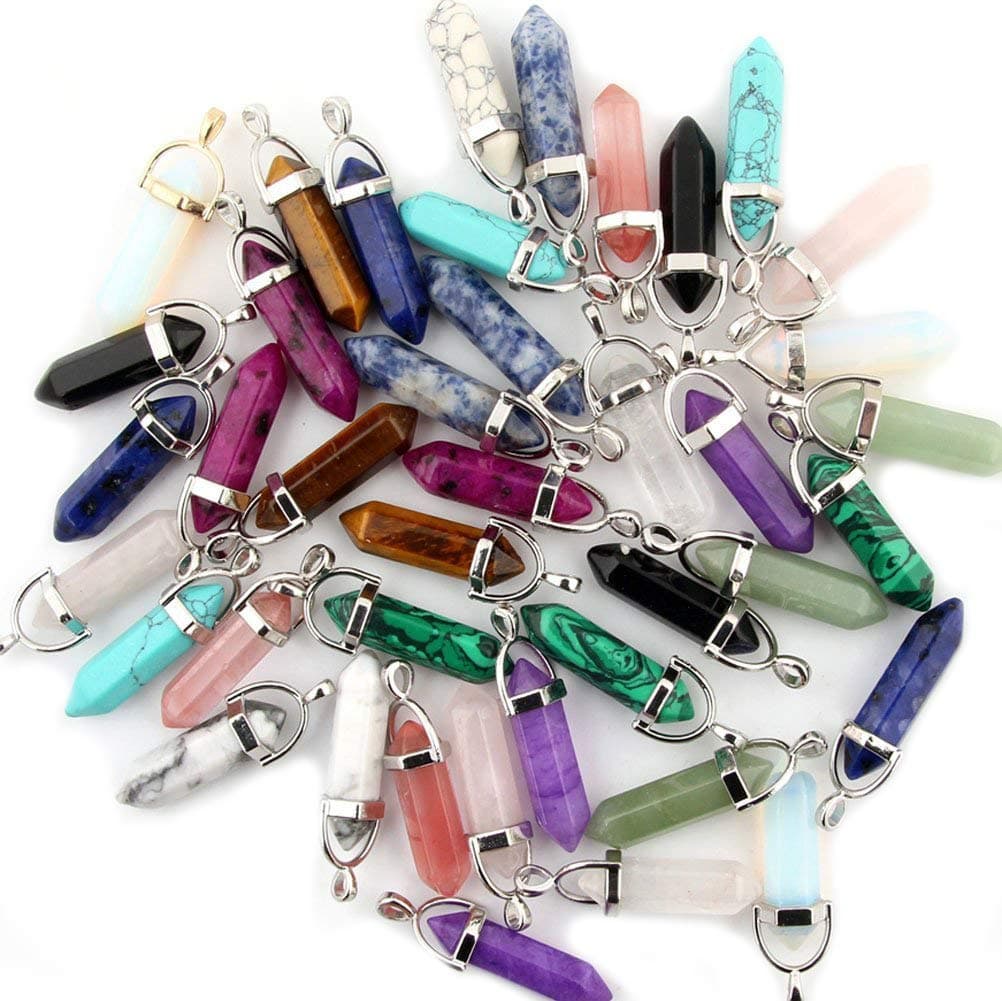 Mutilcolor 50pcs Bullet Shape Healing Pointed Chakra Beads Crystal Quartz Stone Randow Color Pendants for Necklace Jewelry Making