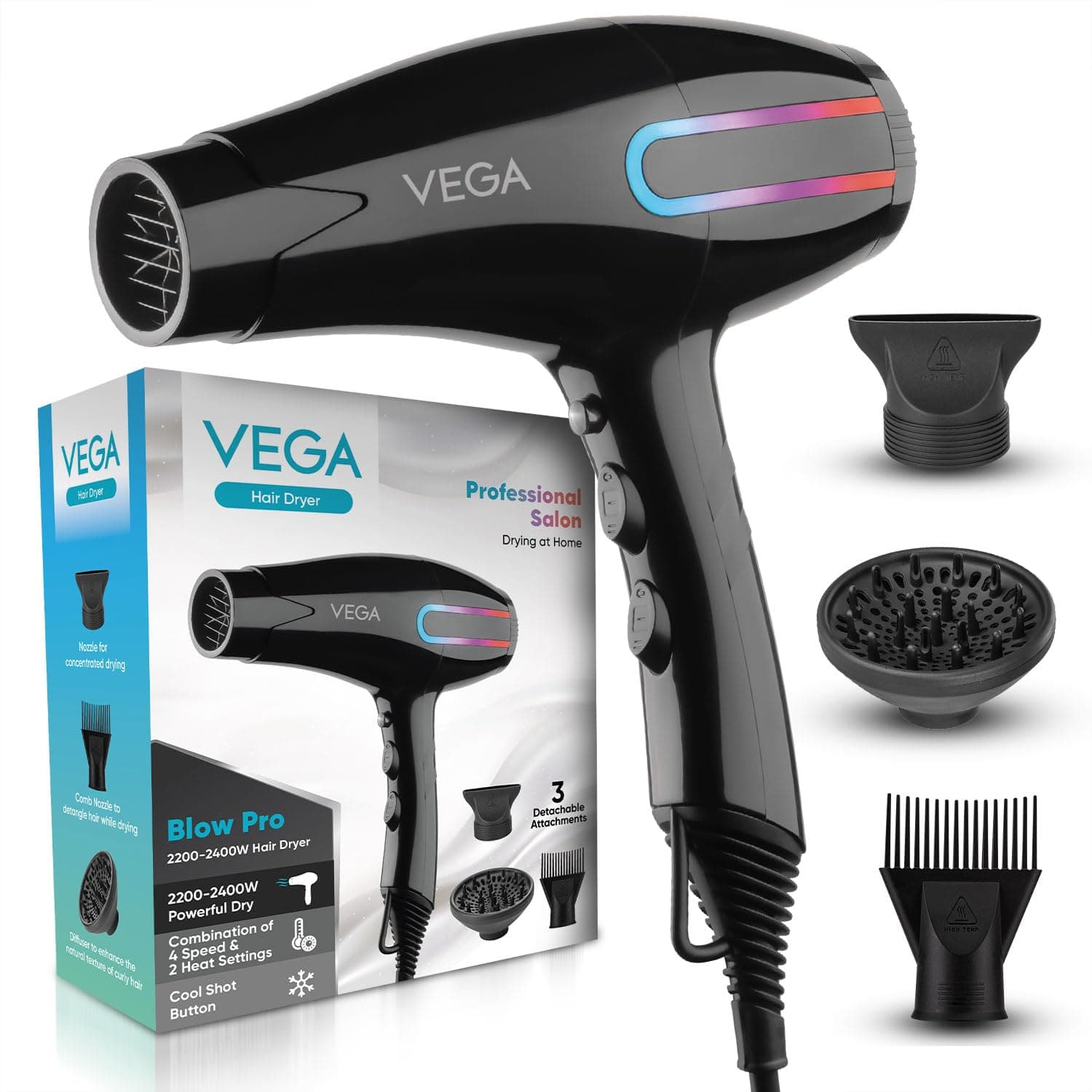 VEGA Blow Pro 2200-2400W Hair Dryer with Comb, Concentrator & Diffuser Nozzles, 2 Speed & 4 Heat Settings, with Cool Shot, Cut-off, Hair Dryer & Blow Dryer for Men & Women, 1 Year Warranty (VHDP-05)