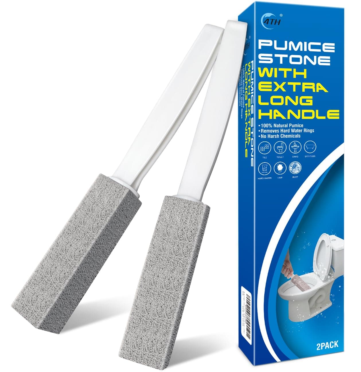 4TH Pumice Stone Toilet Bowl Cleaning Stick with Extra Large Handle,Cleans Away Limescale Stain,Hard Water Rings, Calcium,Iron and Rust. Remover for Tile/Bath/Kitchen - 2 Pack