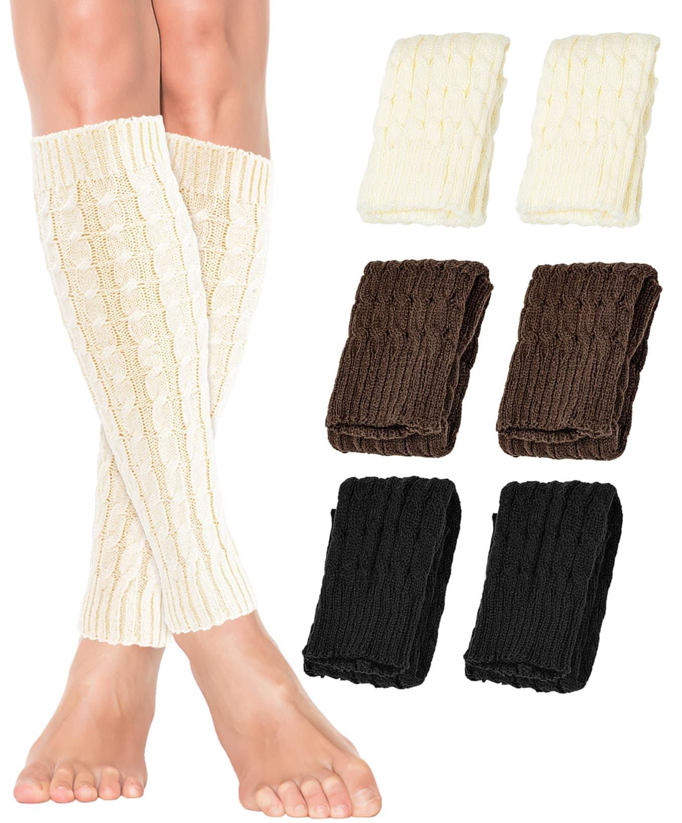 3 Pairs Leg Warmers, Knit Leg Warmer for Women Ladies Men, Y2K Ankle Warmers Leg Knee Sleeve for Boot 80s Party Yoga Ballet Dance Ice Skating Accessories, Winter Essential-Wh Blc Br