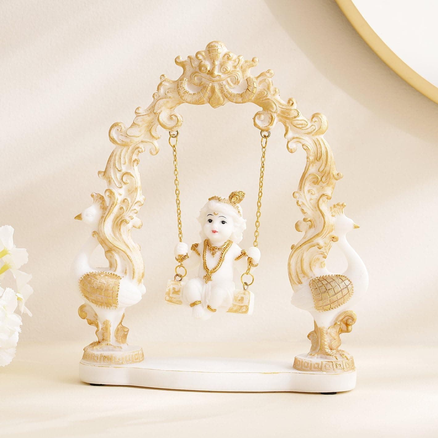 Karigaari India Lord Krishna on Swing Idol | Bal Gopal Jhula Murti for Janmashtami, Home Temple & Gift | Baby Krishna Decorative Statue for Pooja, Mandir, Car Dashboard & Showpiece