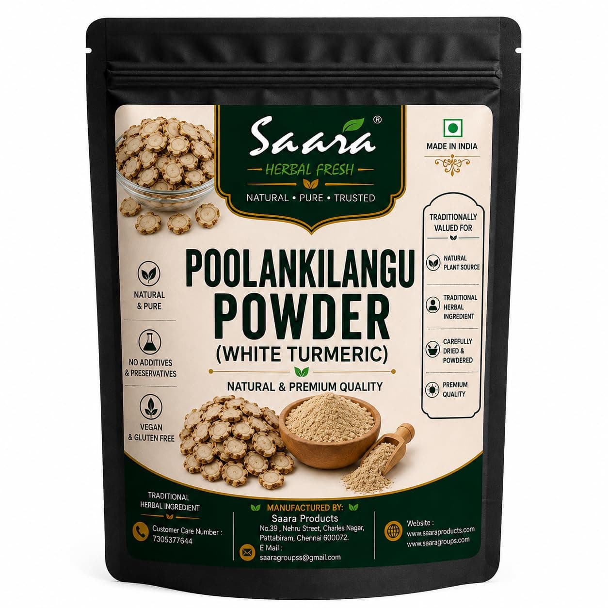 Saara HERBAL FRESH Poolankilangu Powder,100g, White Turmeric, Kachur, Kichili Kilangu Powder for Skin Care (Pack of 1 X 100g)