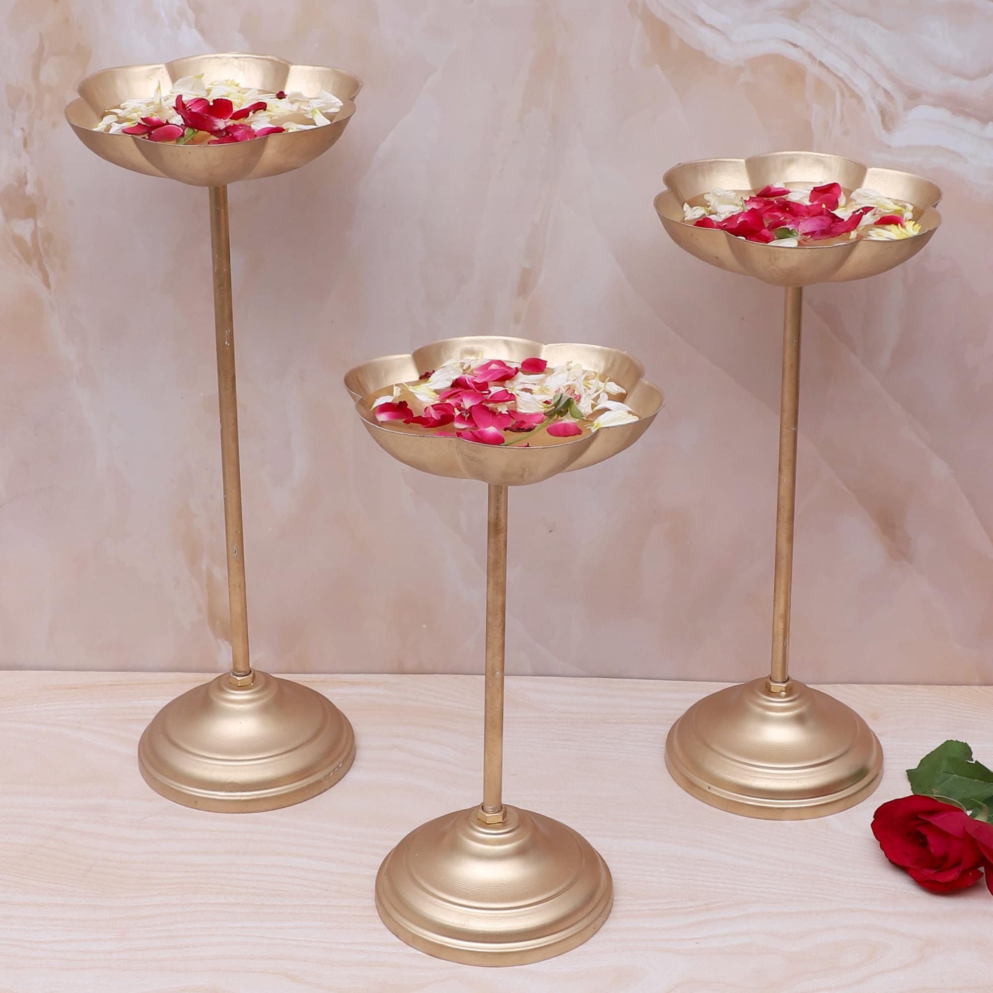 Two Moustaches Candle Flowers Holder Set, Urli Stand for Home Decoration, Floating Diya Tealight Holders, Lotus Stand, Diwali Decor, Housewarming Decoration Items, Golden, Set of 3
