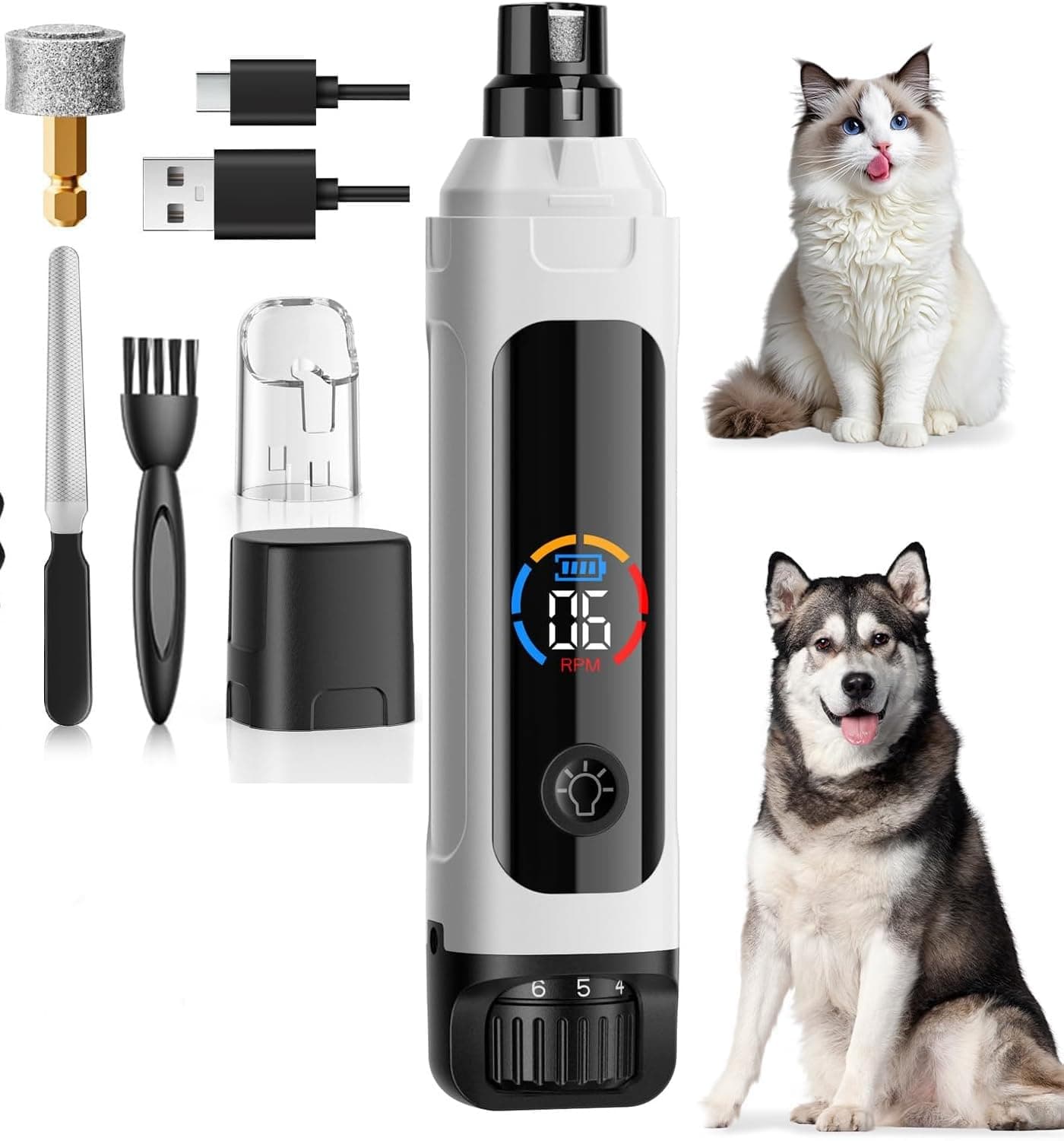 Boltz Dog Nail Grinder, 6-Speed Quiet Electric Pet Nail Trimmer with Dual LED Light, 7000-12000 RPM, Rechargeable Nail Grinder for Small, Medium & Large Dogs, Extra Grinding Head Included