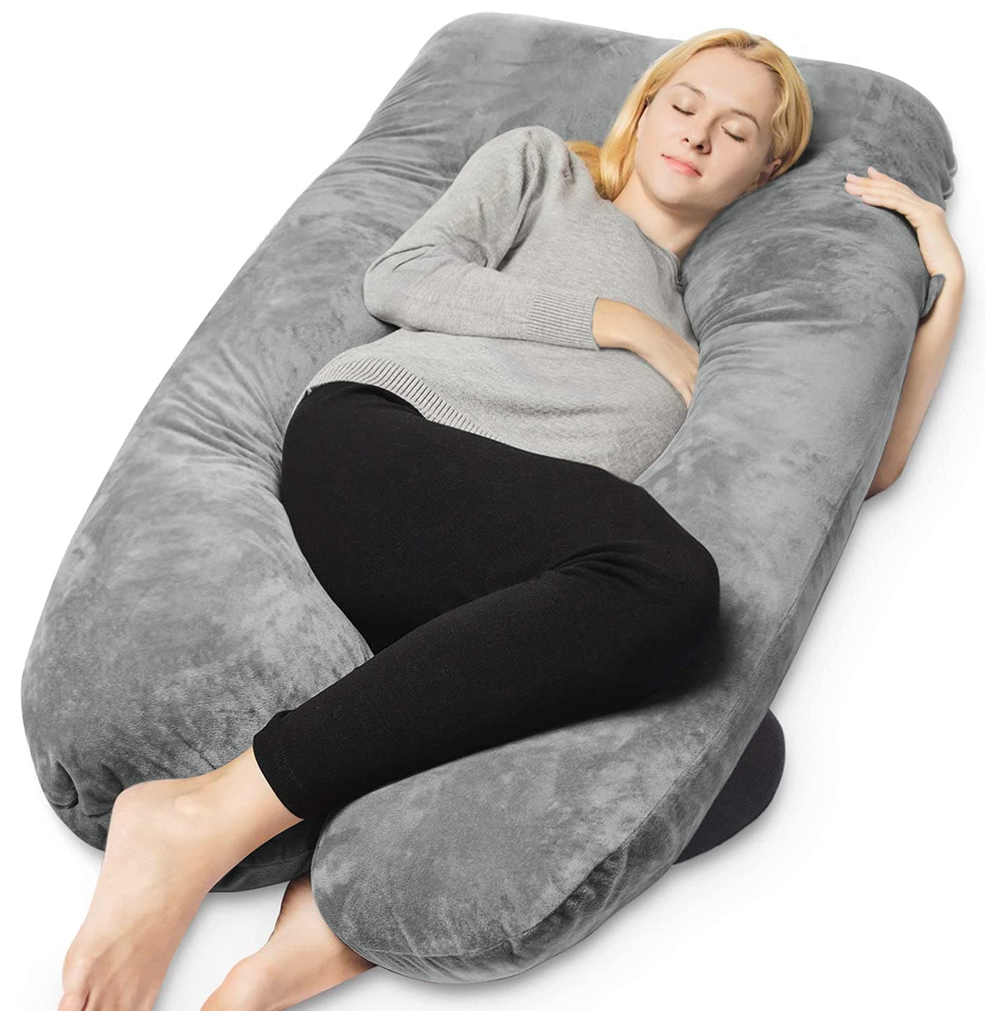Queen Rose U Shaped Velour Pregnancy Body Pillow with Zipper Removable Cover(Grey)