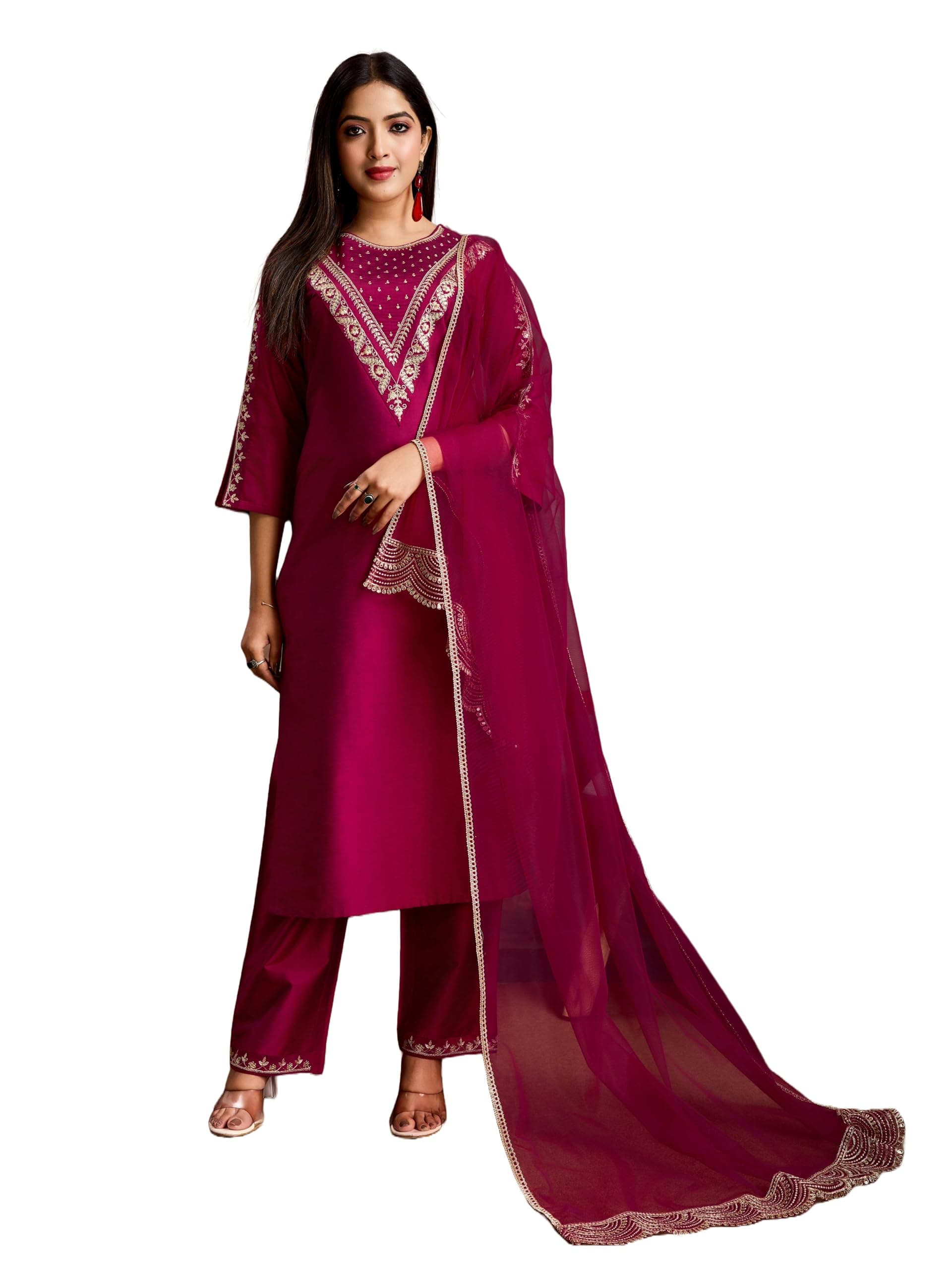 FABIAN FASHION Women's Embroidered Silk Blend Kurta Set with Pant & Soft Net Dupatta | 3 Piece Ethnic Suit Set | Round Neck Straight Kurti with Embroidery Kurta set (ES_2510)