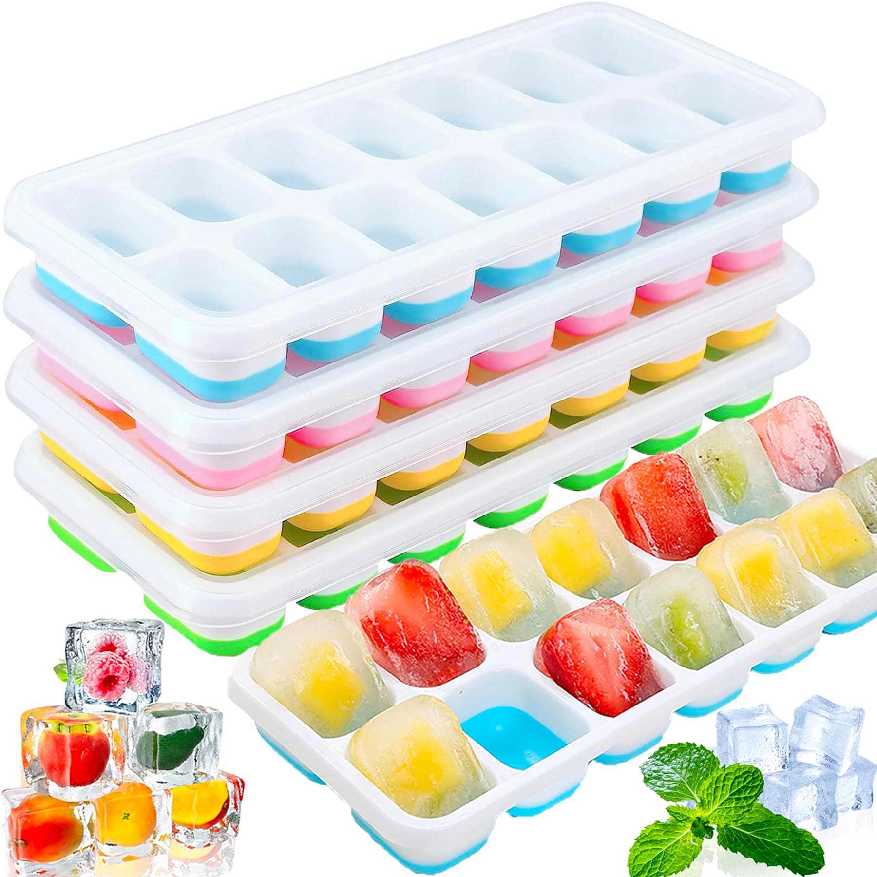 BELSVOR Set of 4 ice cube trays, 4 silicone ice trays with lid, 4 ice cube trays easy to release (14 ice cubes each mould, total 56 ice cubes), ice cube trays for drinks/juices/food