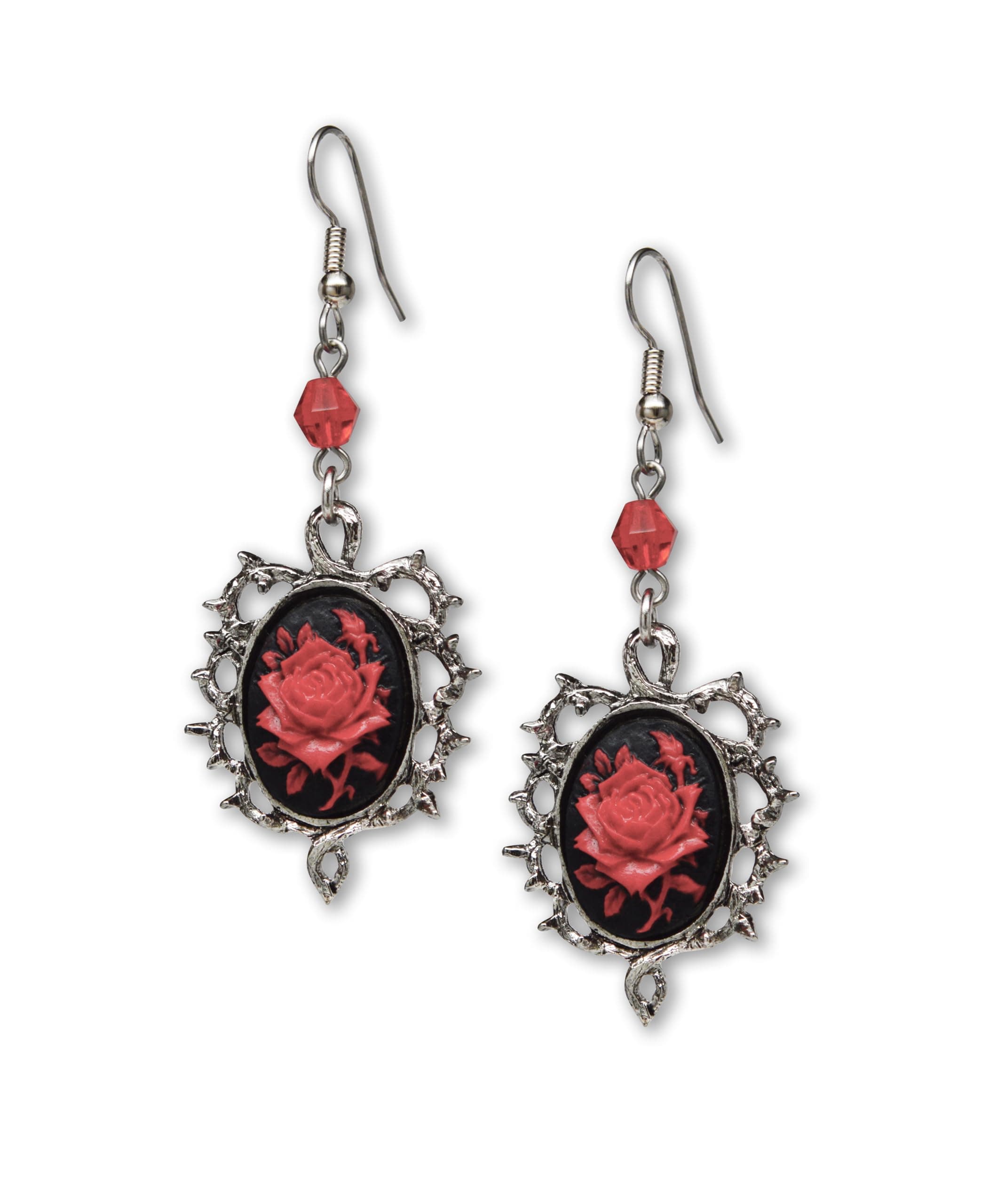 Real Metal Real Metal Gothic Red Rose Cameo Earrings Surrounded by Thorns with Red Bead