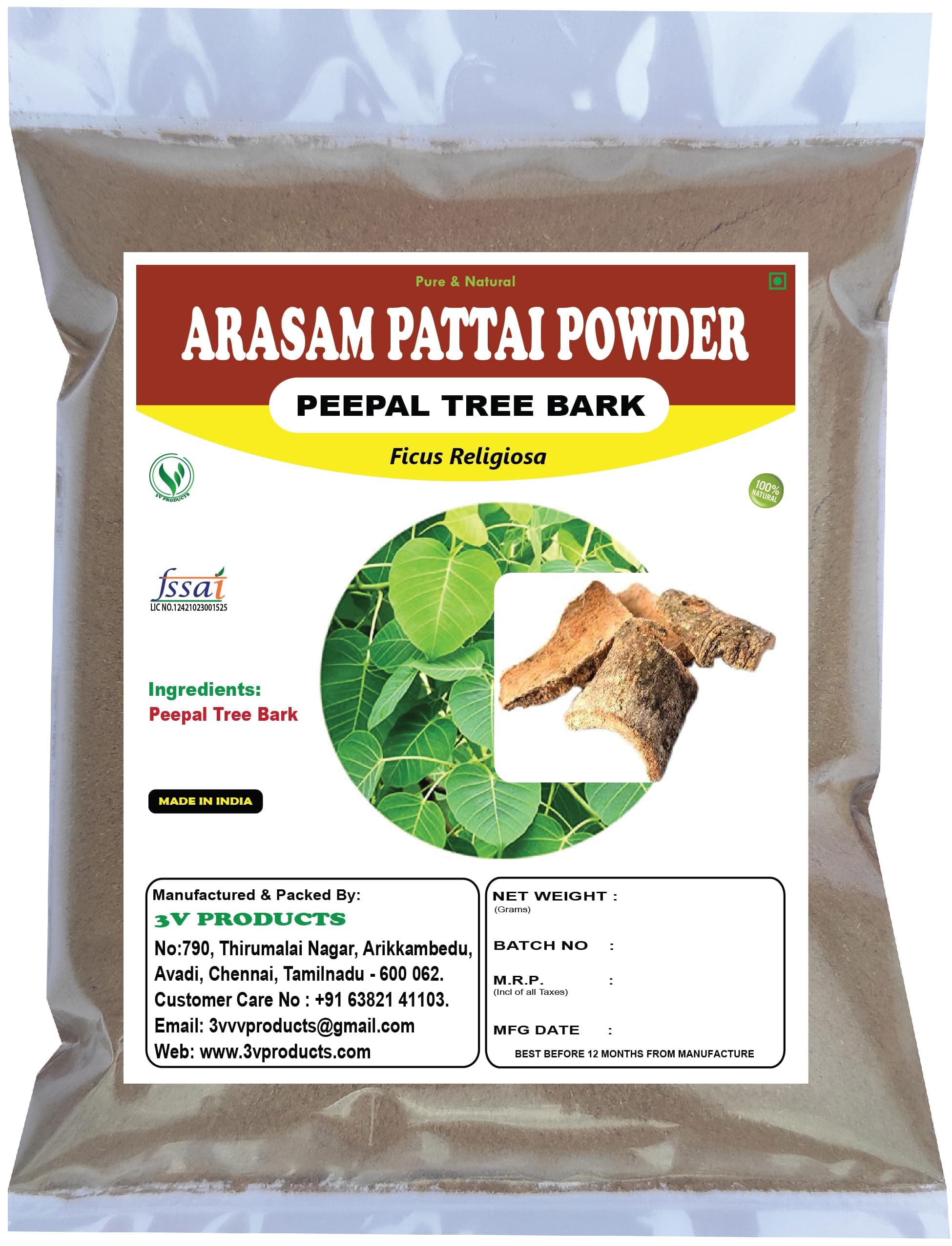 3V PRODUCTS: Arasam Pattai Powder 100g | Peepal Tree Bark | Ficus Religiosa | Sacred Fig Bark