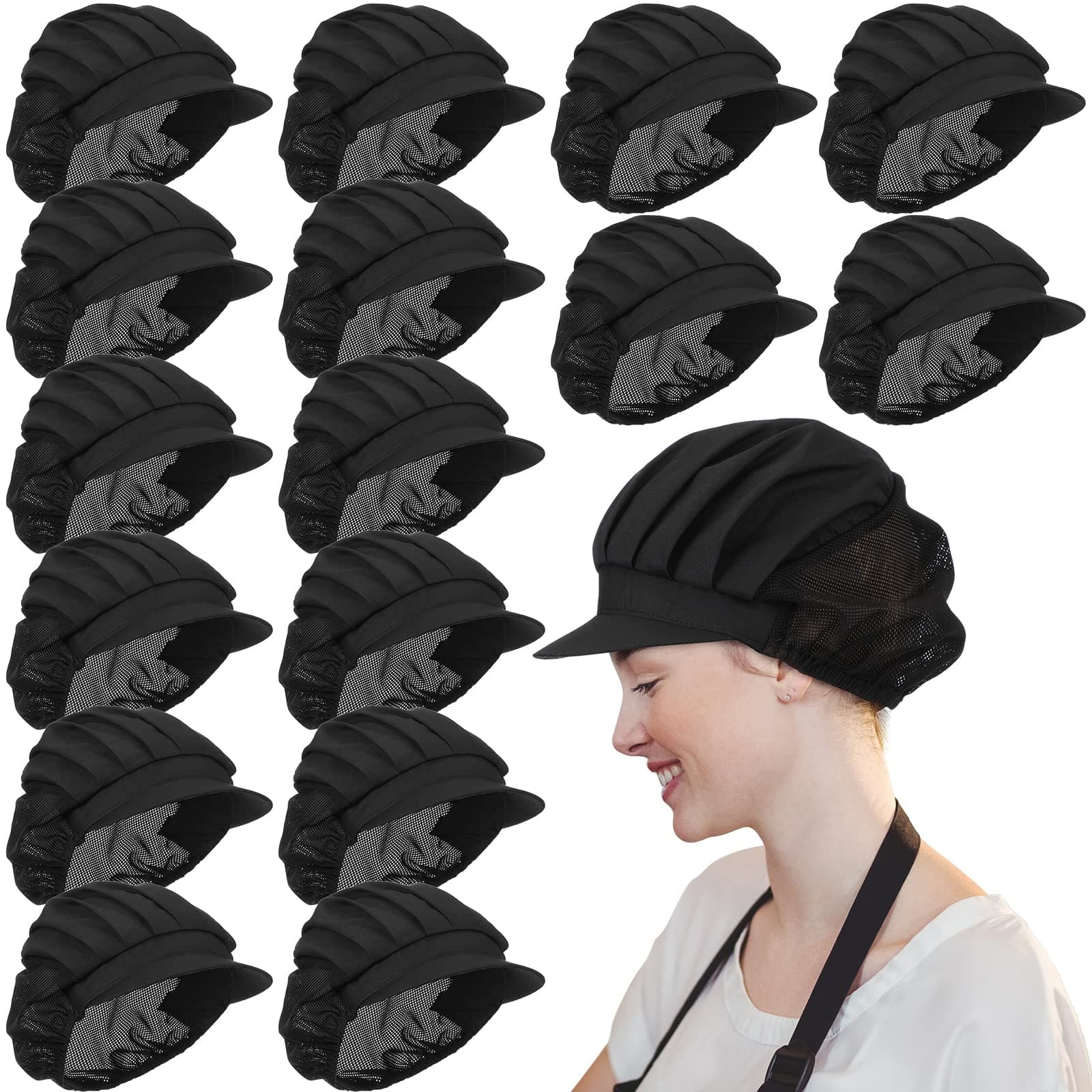 16 Pcs Chef Hats for Women Hair Nets Food Service Caps Kitchen Cooking Chef Cap Adjustable Elastic Mesh Breathable Work Cap Beanie Hair Nets for Women Adult, Black, Black, Medium