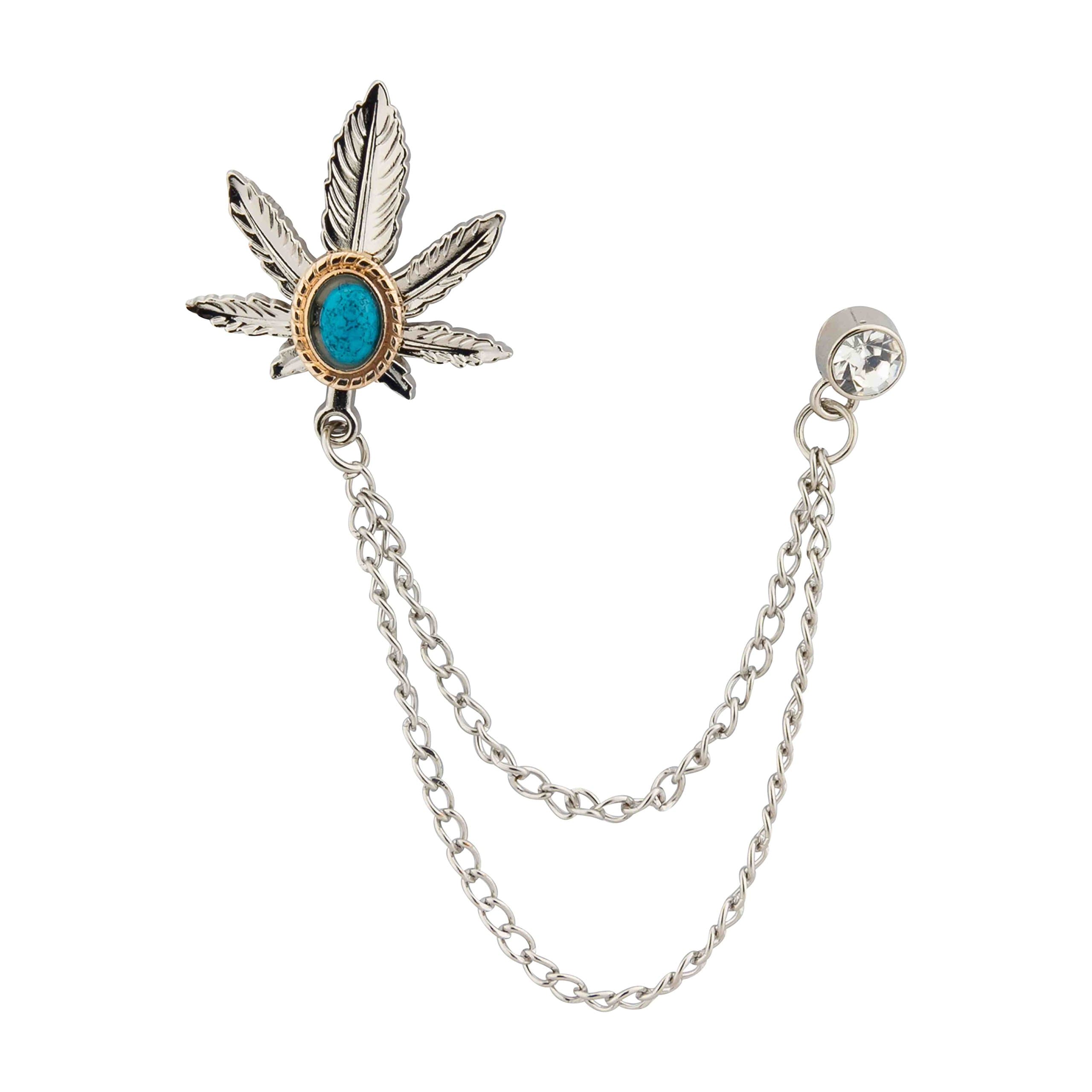 Knighthood Exclusive Silver Maple Leaf with Stone Detailing Hanging Chain Lapel Pin Suit Collar Accessories Brooch for Men