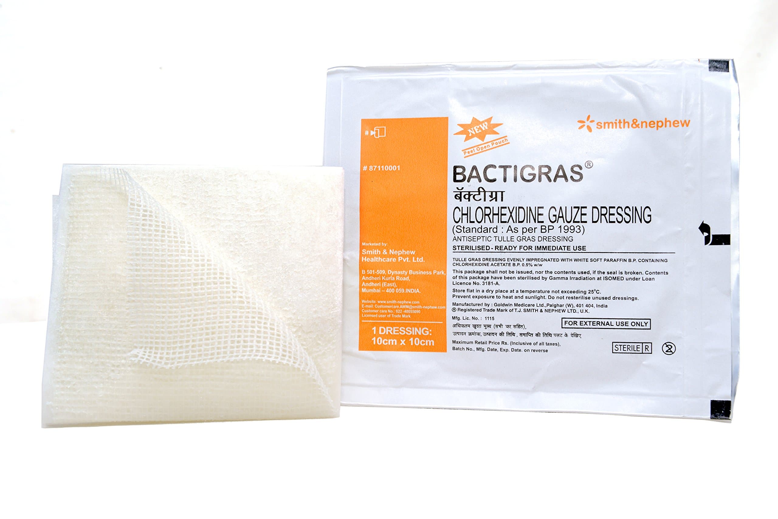 Smith and Nephew 87110001 Bactigras, 10cm x 10cm Pouch