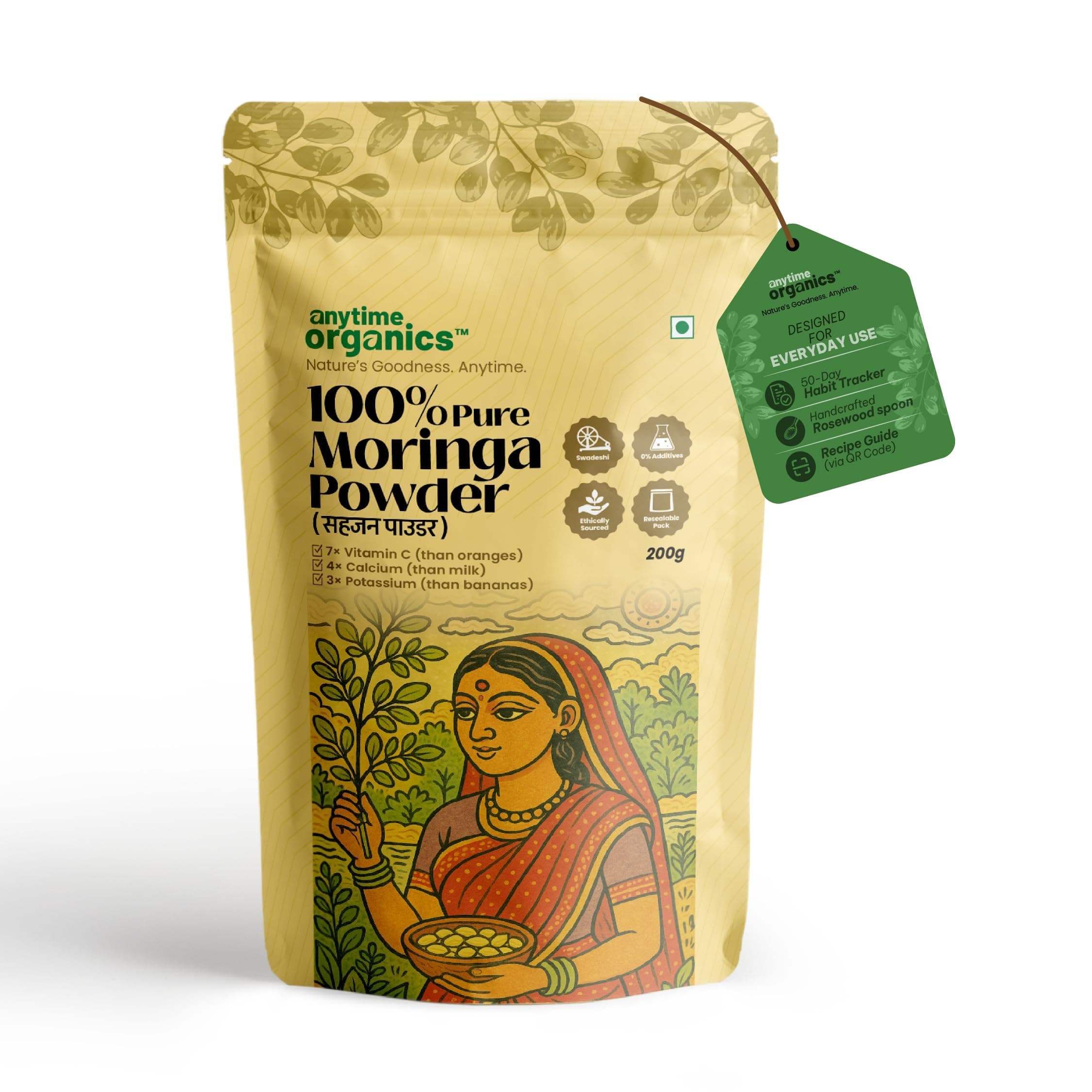 Anytime Organics Moringa Powder 200g | Drumstick Leaf Powder | 100% Pure Moringa Superfood | 50 Servings | Includes Wooden Spoon & 50-Day Habit Tracker | Easy Daily Wellness Habit