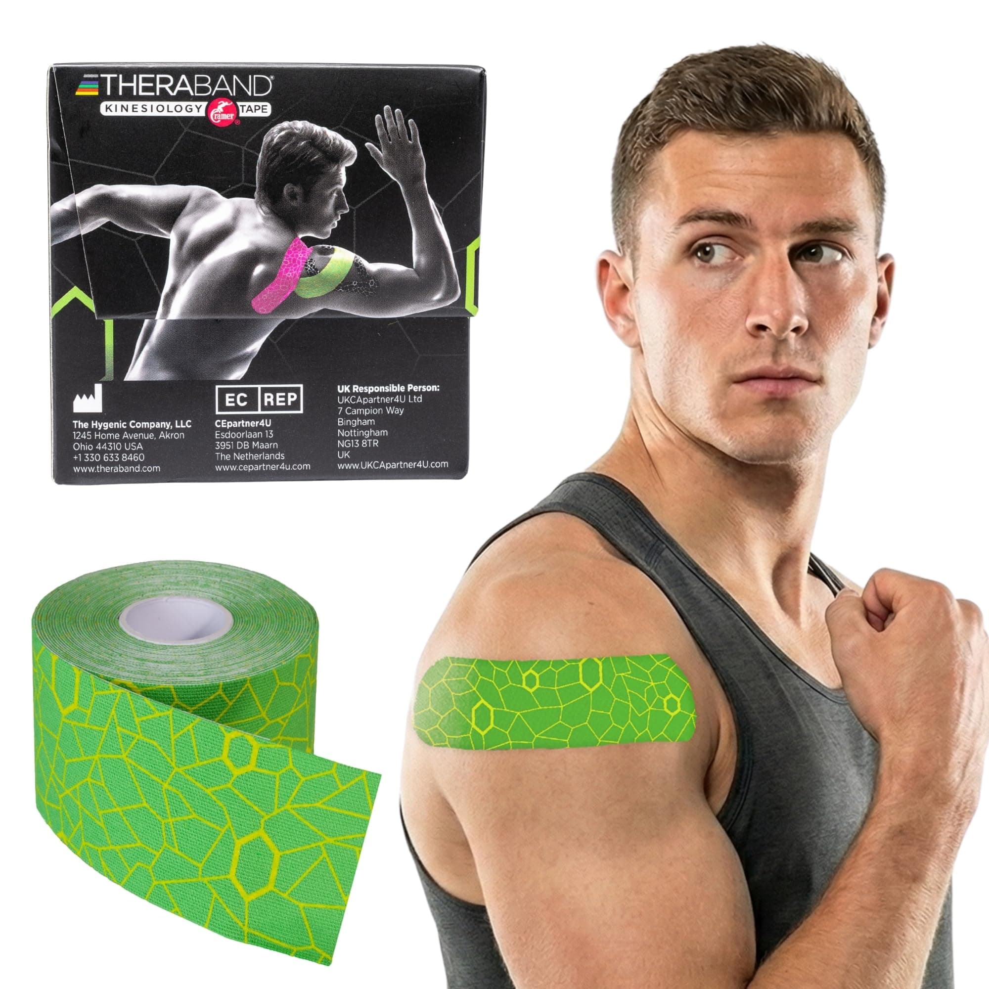 Theraband Kinesiology Tape Standard Roll, Green / Yellow Print, 2 Inch X 16.4 Feet